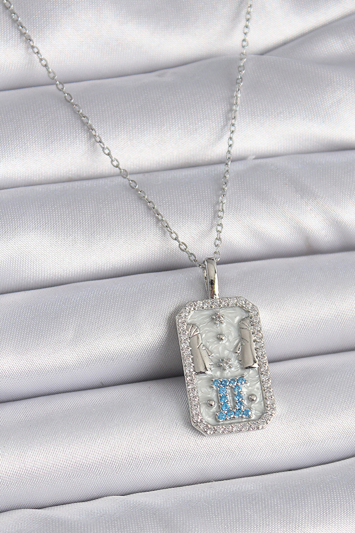 Tegan 316L Çelik Gümüş Renk Zincir İkizler Burcu Zirkon Taşlı Kadın Kolye TG27BKO9446