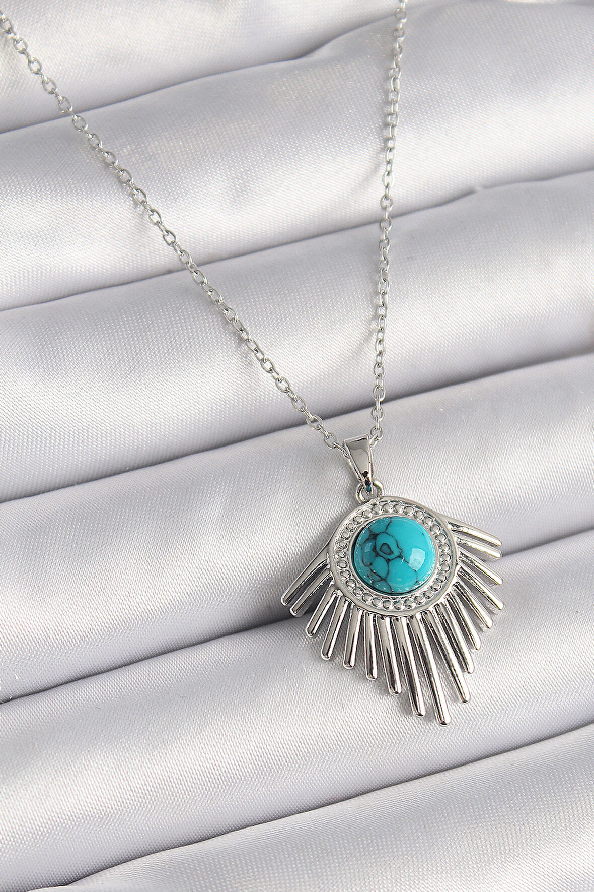 Tegan 316L Çelik Gümüş Renk Zincir Mavi Boncuklu Zirkon Taşlı Kadın Kolye TG27BKO9617