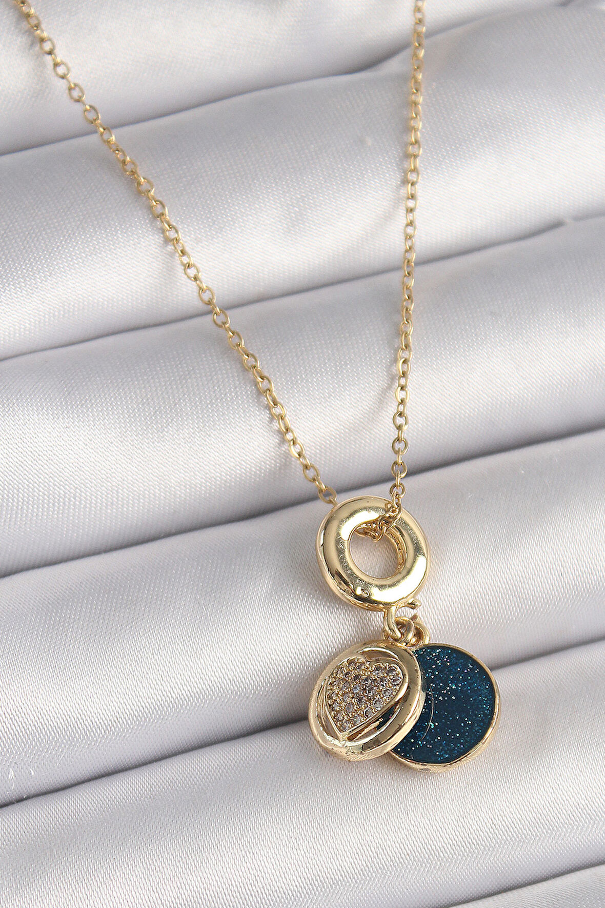 Tegan 316L Çelik Gold Renk Zincir Zirkon Taşlı Kalp Model Mavi Simli Kadın Kolye TG27BKO9640