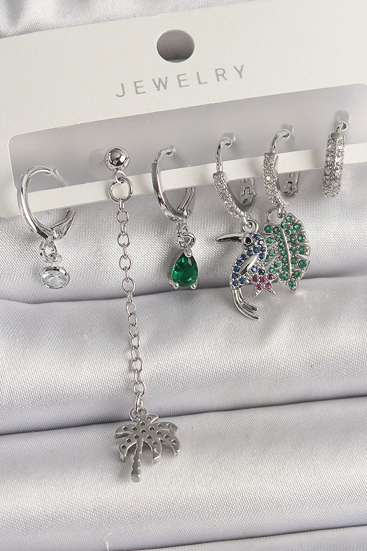 Tegan Pirinç Gümüş Renk Sallantı Zirkon Taşlı Ağaç Figür Çoklu Kadın Küpe Seti TG27BKP10119