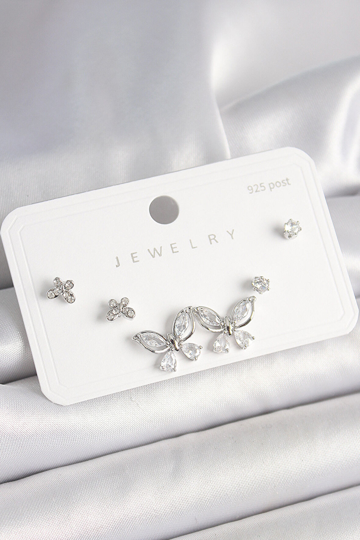 Tegan 925 Ayar Gümüş Çivi Pirinç Gümüş Renk Zirkon Taşlı Kelebek Model Kadın Küpe Seti TG27BKP10404