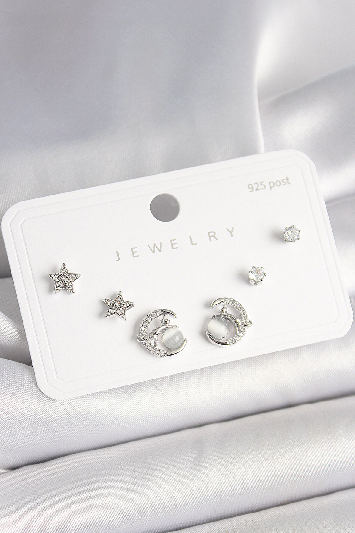 Tegan 925 Ayar Gümüş Çivi Zirkon Taşlı Hilal Yıldız Model Kadın Küpe Seti TG27BKP10399