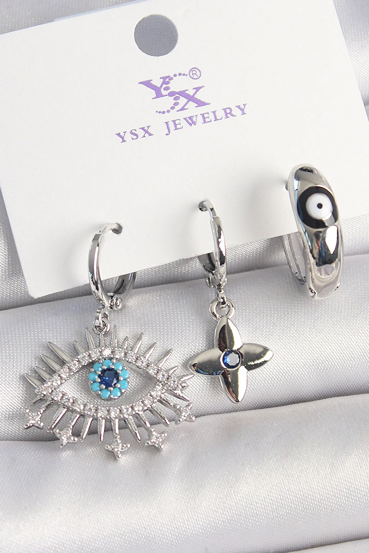 Tegan Pirinç Gümüş Renk Zirkon Taşlı Göz Model Nazar Boncuk Detay 3'Lü Kadın Kombin Küpe TG27BKP10440