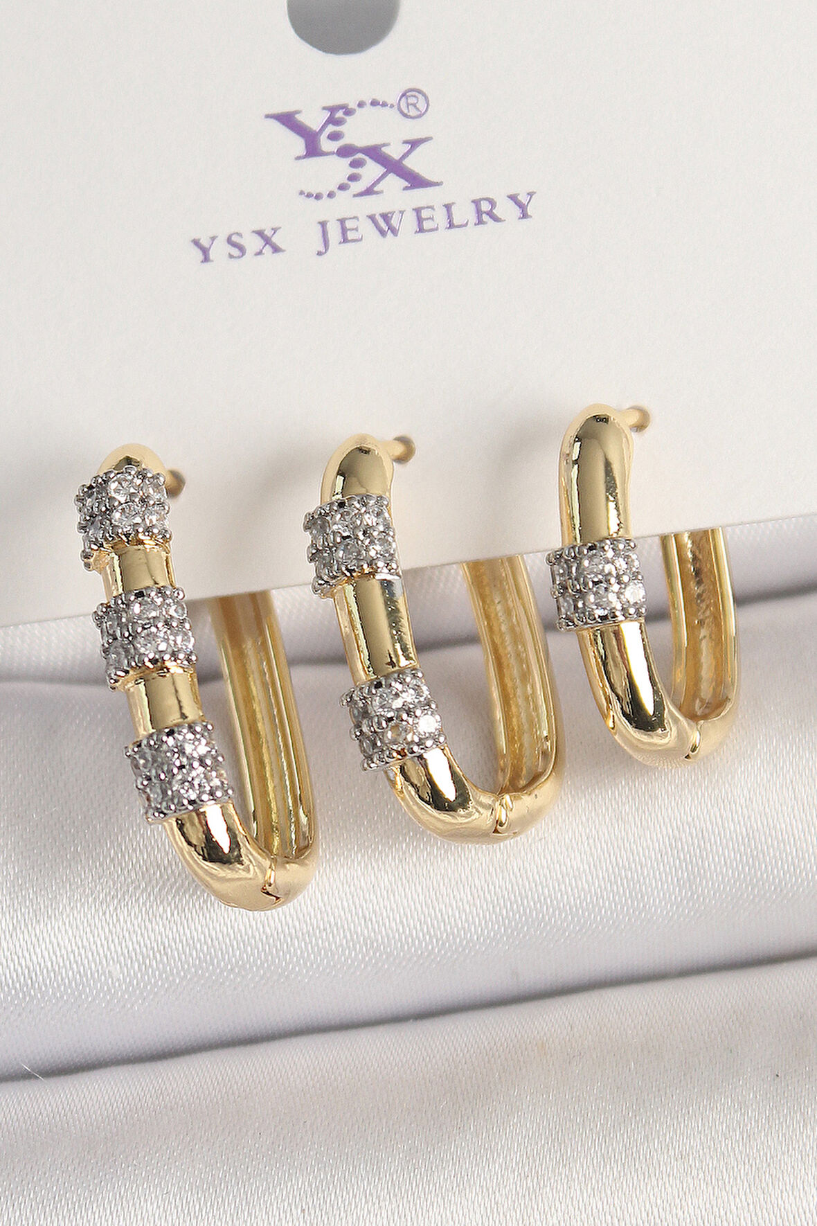 Tegan Pirinç Gold Renk 3'Lü Halka Model Gümüş Zirkon Taş Detaylı Kadın Kombin Küpe TG27BKP10472