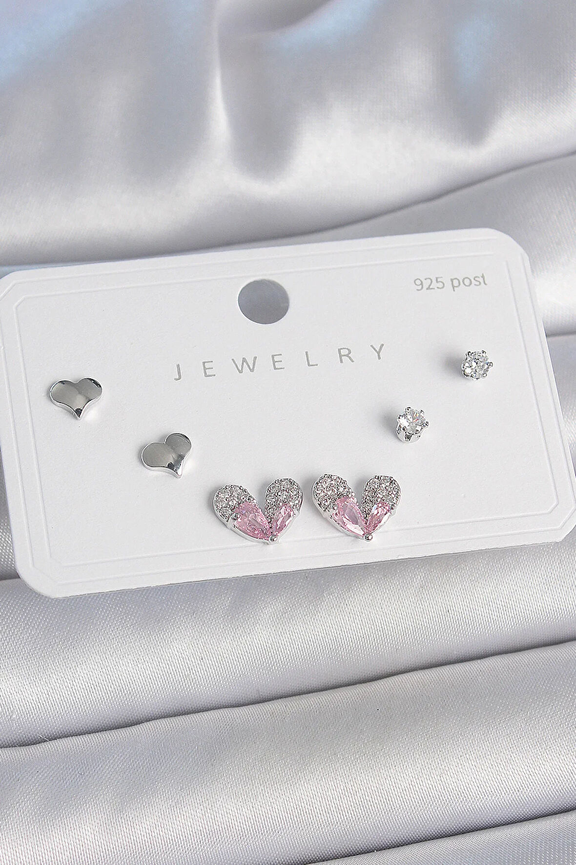 Tegan Pirinç Gümüş Renk Pembe Zirkon Taşlı Kalp Model 925 Ayar Gümüş Çivi Kadın Küpe Seti TG27BKP10493