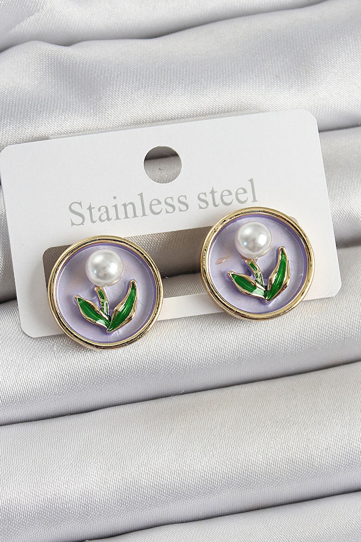 Tegan Pirinç Mor Mineli Lale Figürlü Sanatsal Portre Model Gold Renk Kadın Küpe TG27BKP10676