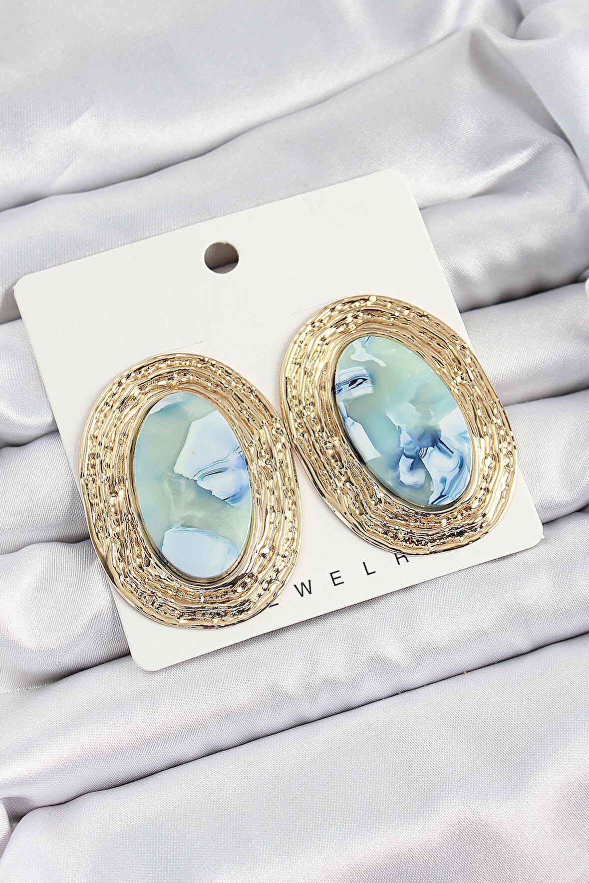 Tegan Pirinç Mermer Desenlli Mavi Sedef Oval Vintage Model Gold Renk Kadın Küpe TG27BKP10777