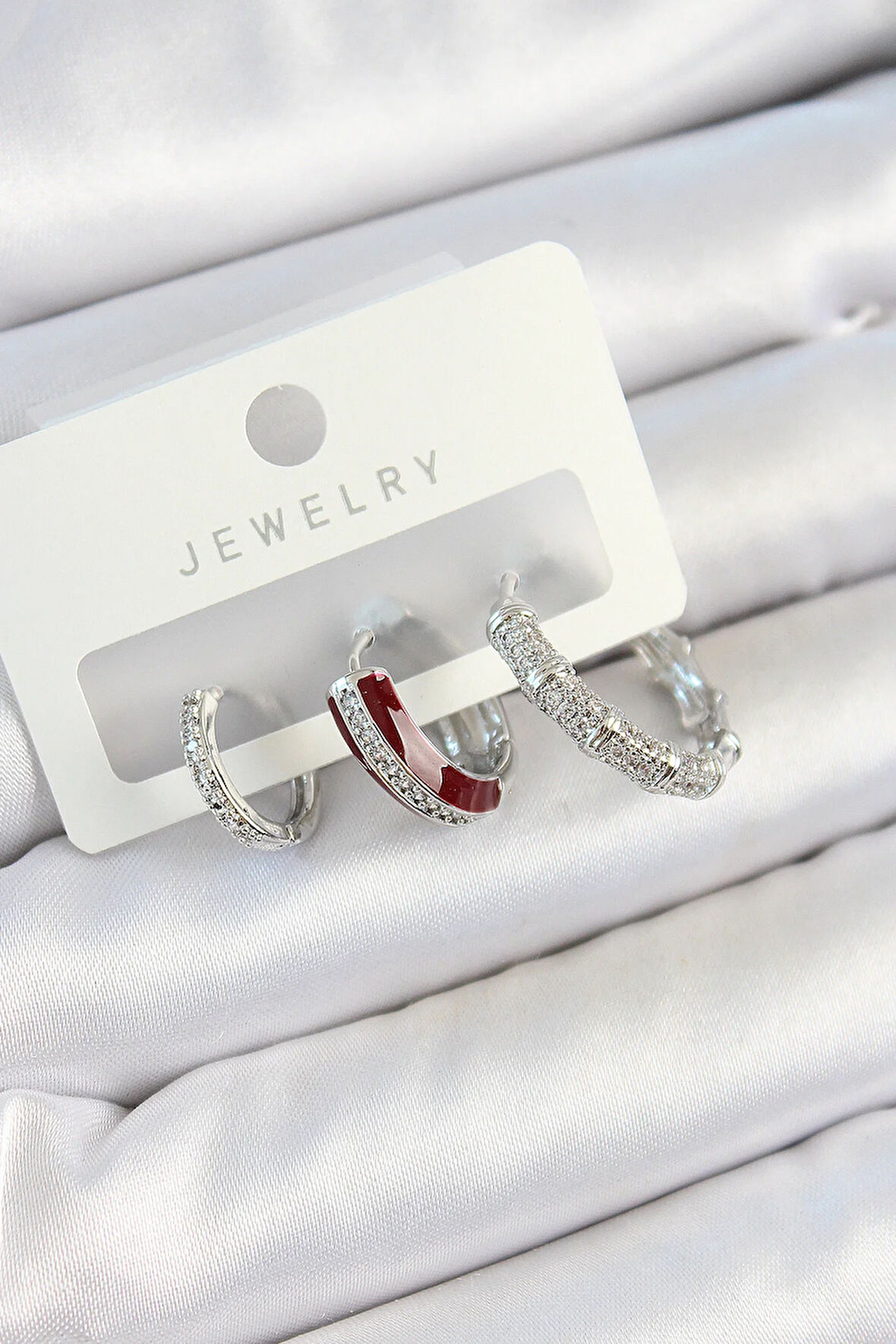 Tegan Pirinç Zirkon Taşlı Bordo Pembe Halka Model Gümüş Renk 3'lü Çift Kadın Küpe Set TG27BKP10791