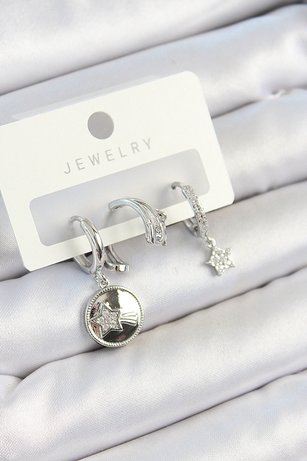 Tegan Pirinç Zirkon Taşlı Sallantılı Yıldız Model Gümüş Renk 3'lü Çift Kadın Küpe Set TG27BKP10792