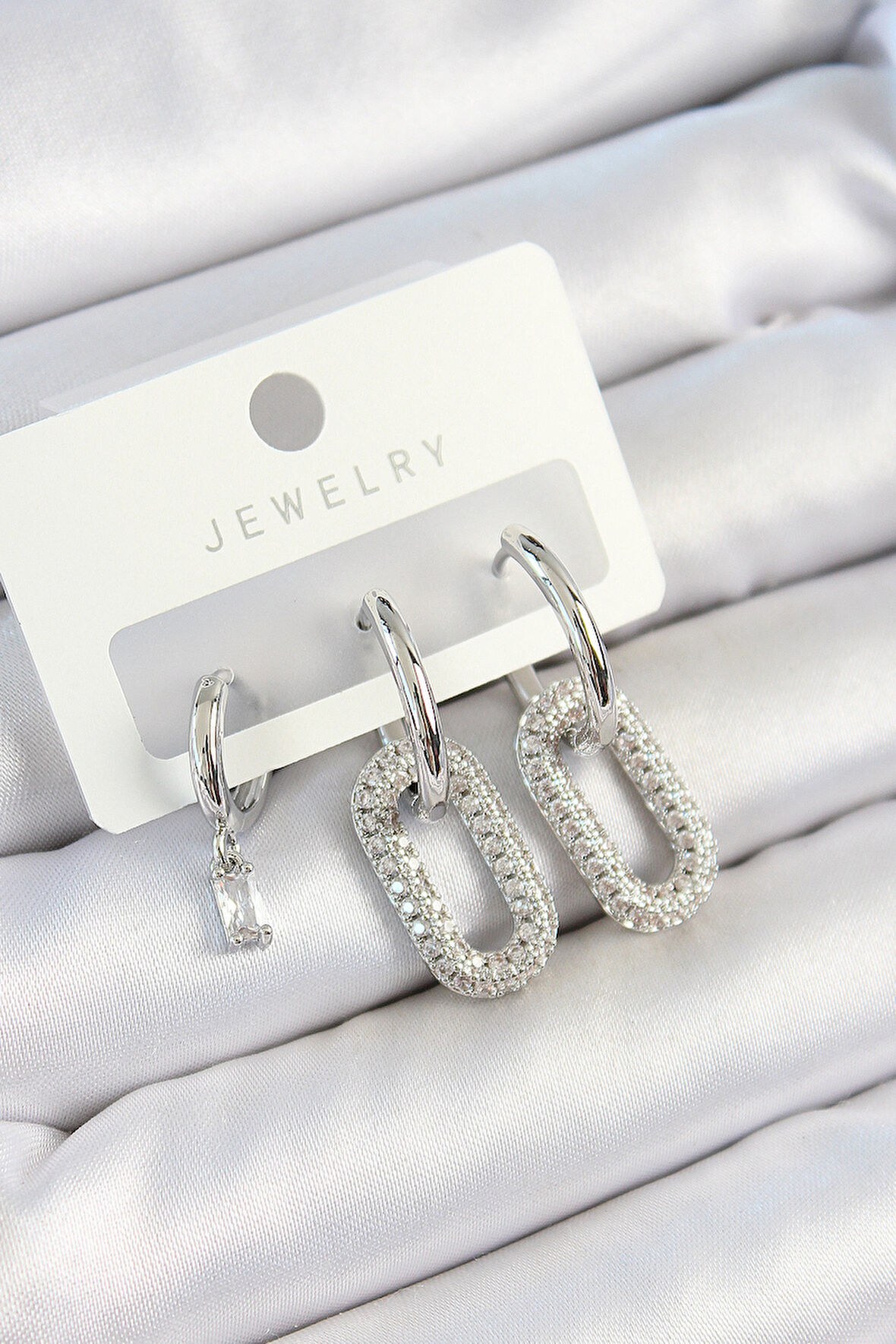 Tegan Pirinç Zirkon Taşlı Dikdörtgen Model Gümüş Renk 3'lü Çift Kadın Küpe Set TG27BKP10802