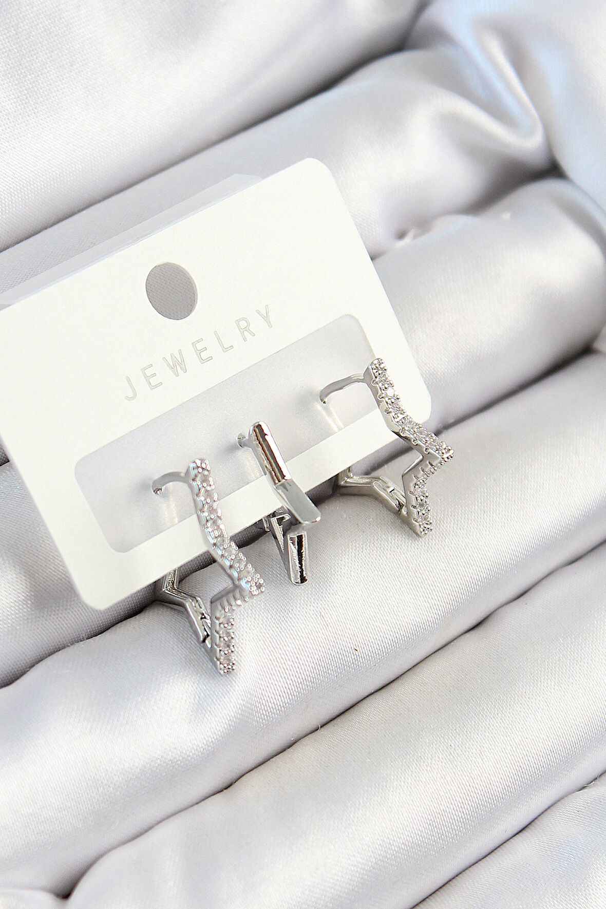 Tegan Pirinç Zirkon Taşlı Yıldız Model Gümüş Renk 3'lü Çift Kadın Küpe Set TG27BKP10809