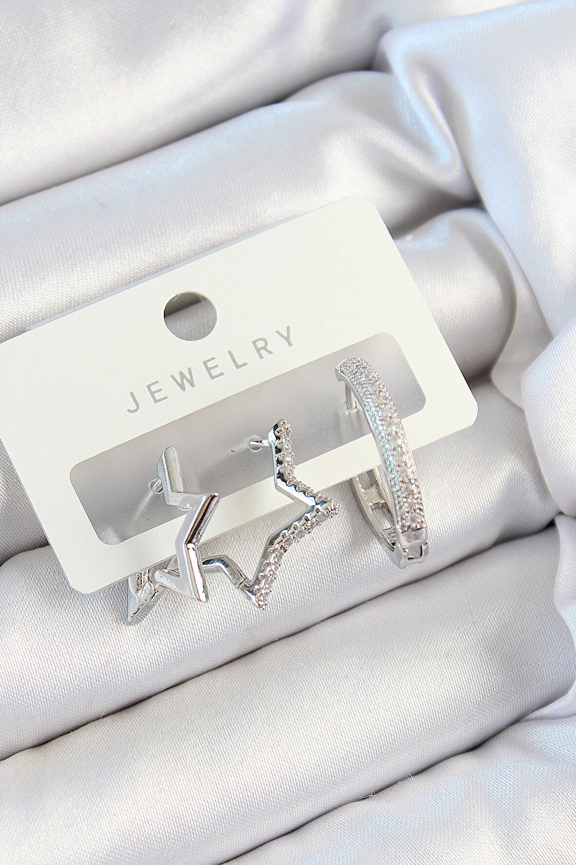 Tegan Pirinç Zirkon Taşlı Yıldız Ve Halka Model Gümüş Renk 3'lü Çift Kadın Küpe Set TG27BKP10808