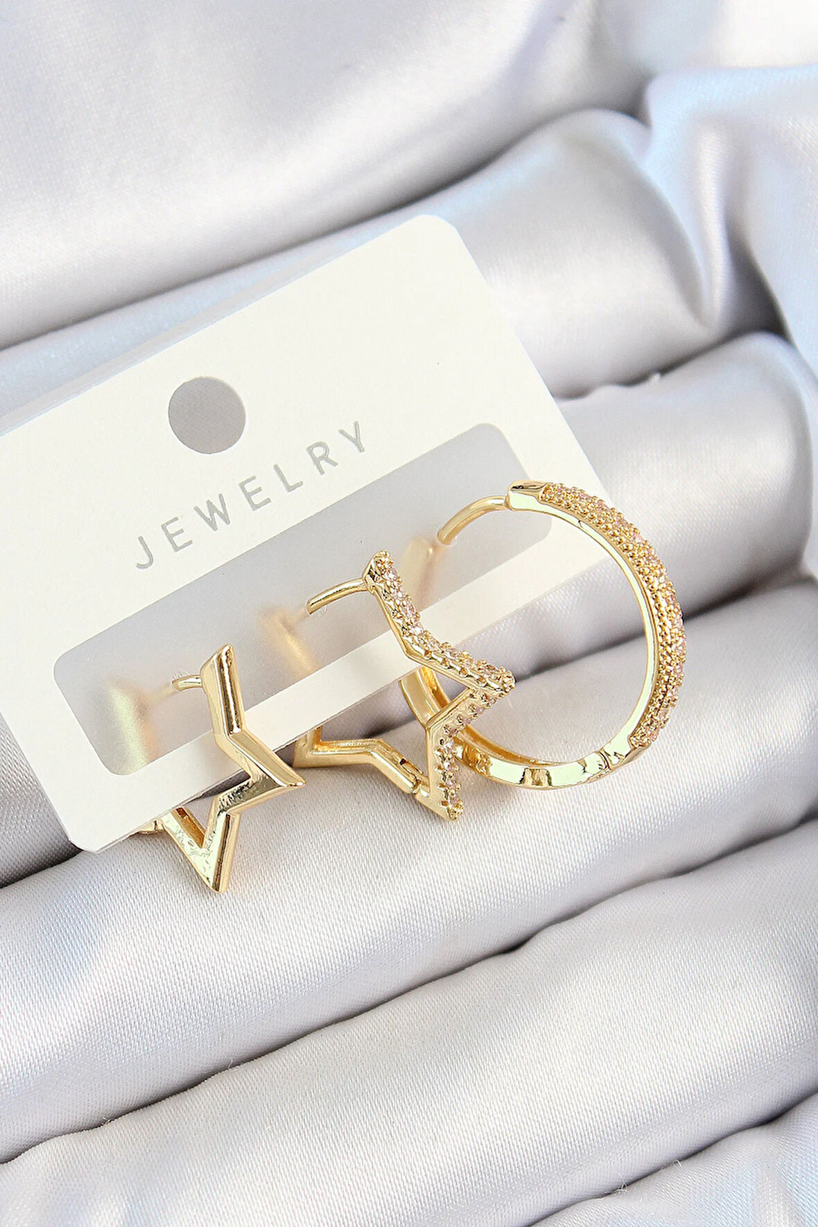 Tegan Pirinç Zirkon Taşlı Yıldız Ve Halka Model Gold Renk 3'lü Çift Kadın Küpe Set TG27BKP10830