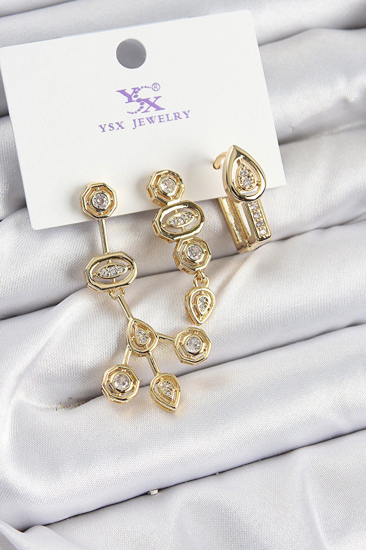 Tegan Pirinç Zİrkon Taşlı Geometrik Model Gold Renk 3'lü Kadın Küpe TG27BKP10937