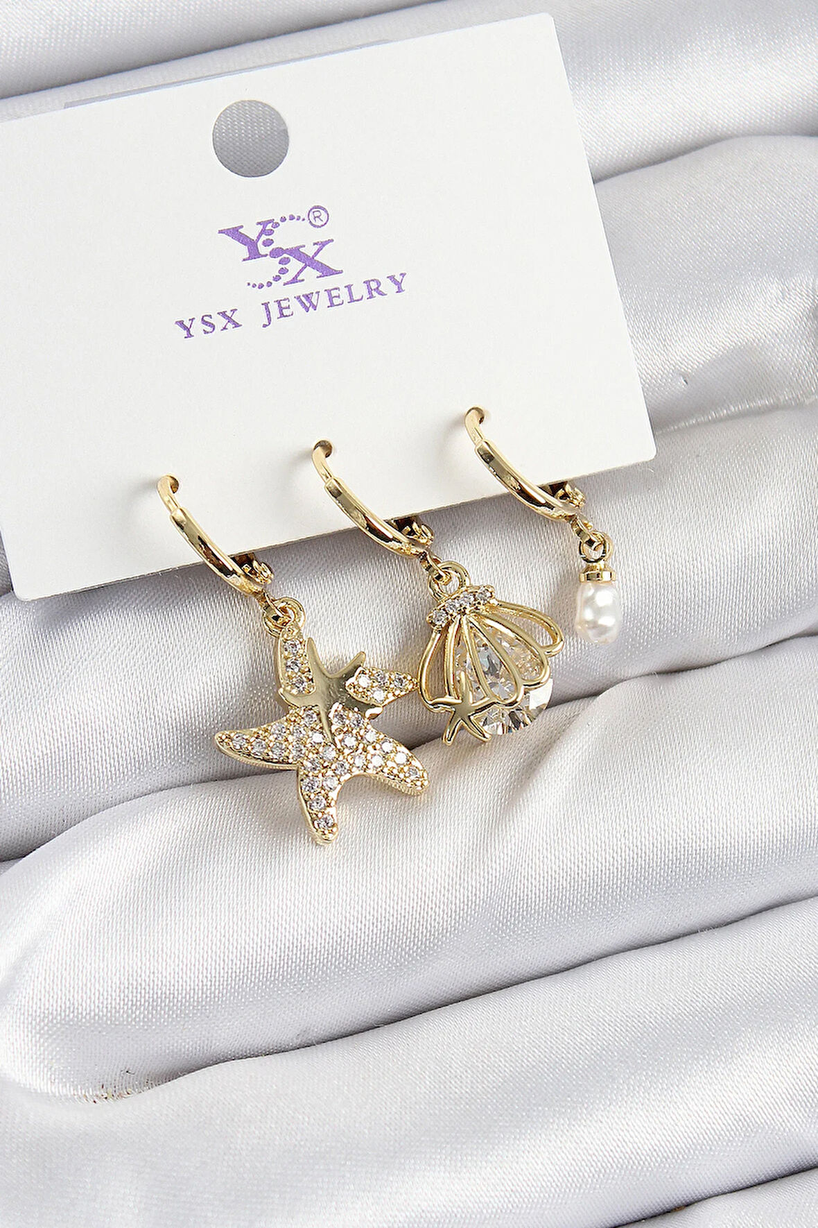 Tegan Pirinç Zİrkon Taşlı Deniz Yıldızı Ve İstiridye Model Gold Renk 3'lü Kadın Küpe TG27BKP10944