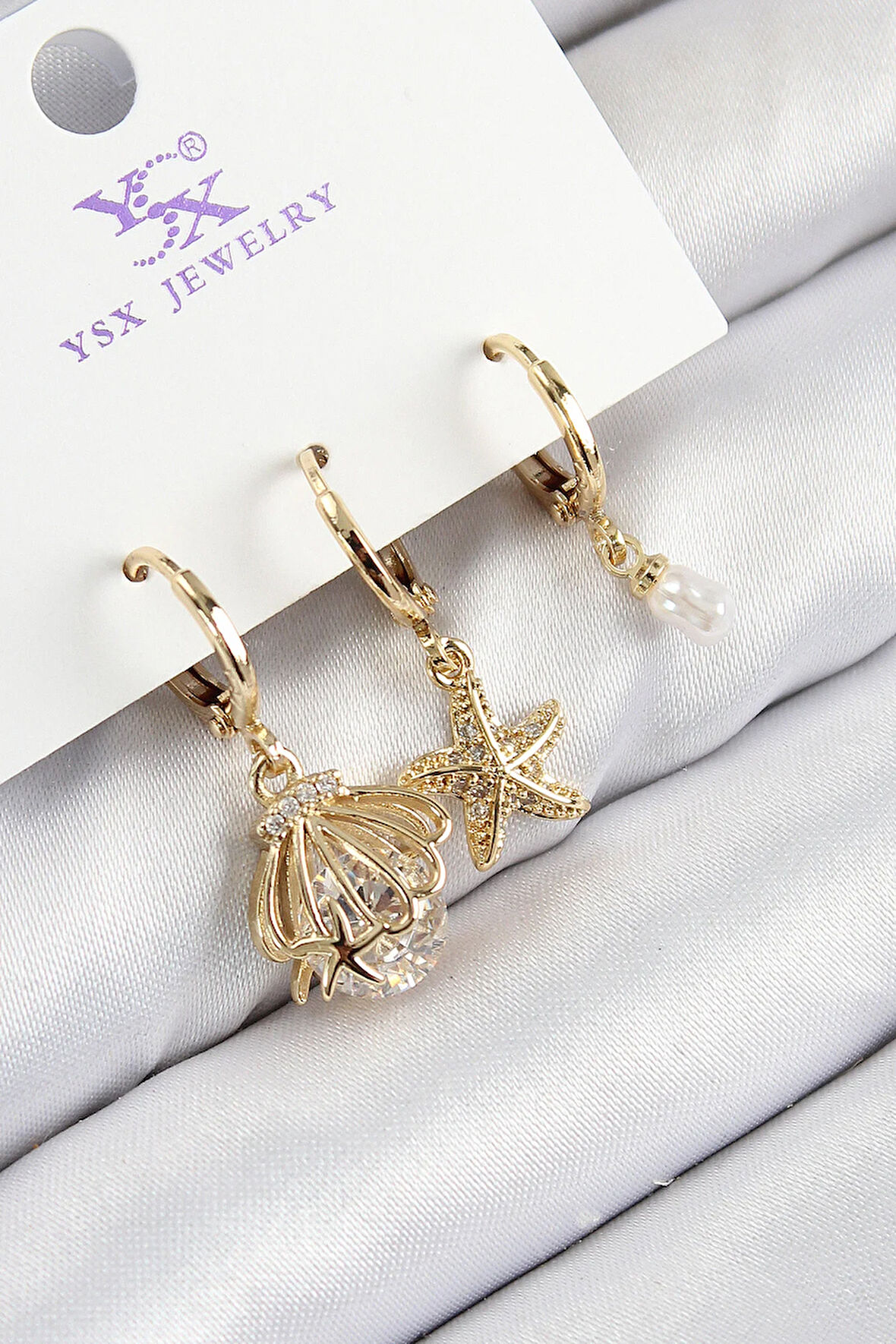 Tegan Pirinç Zirkon Taşlı 3'lü İstiridye Ve Yıldız Model Gold Renk Kadın Küpe TG27BKP11144