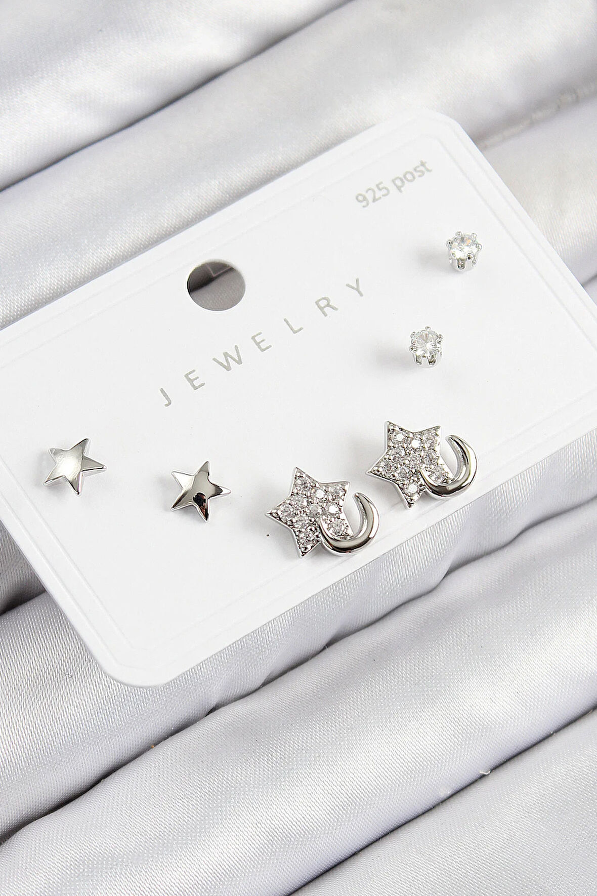 Tegan Pirinç Zirkon Taşlı Yıldız Model Gümüş Renk 925 Ayar Gümüş Çivi Kadın Küpe Set TG27BKP11177