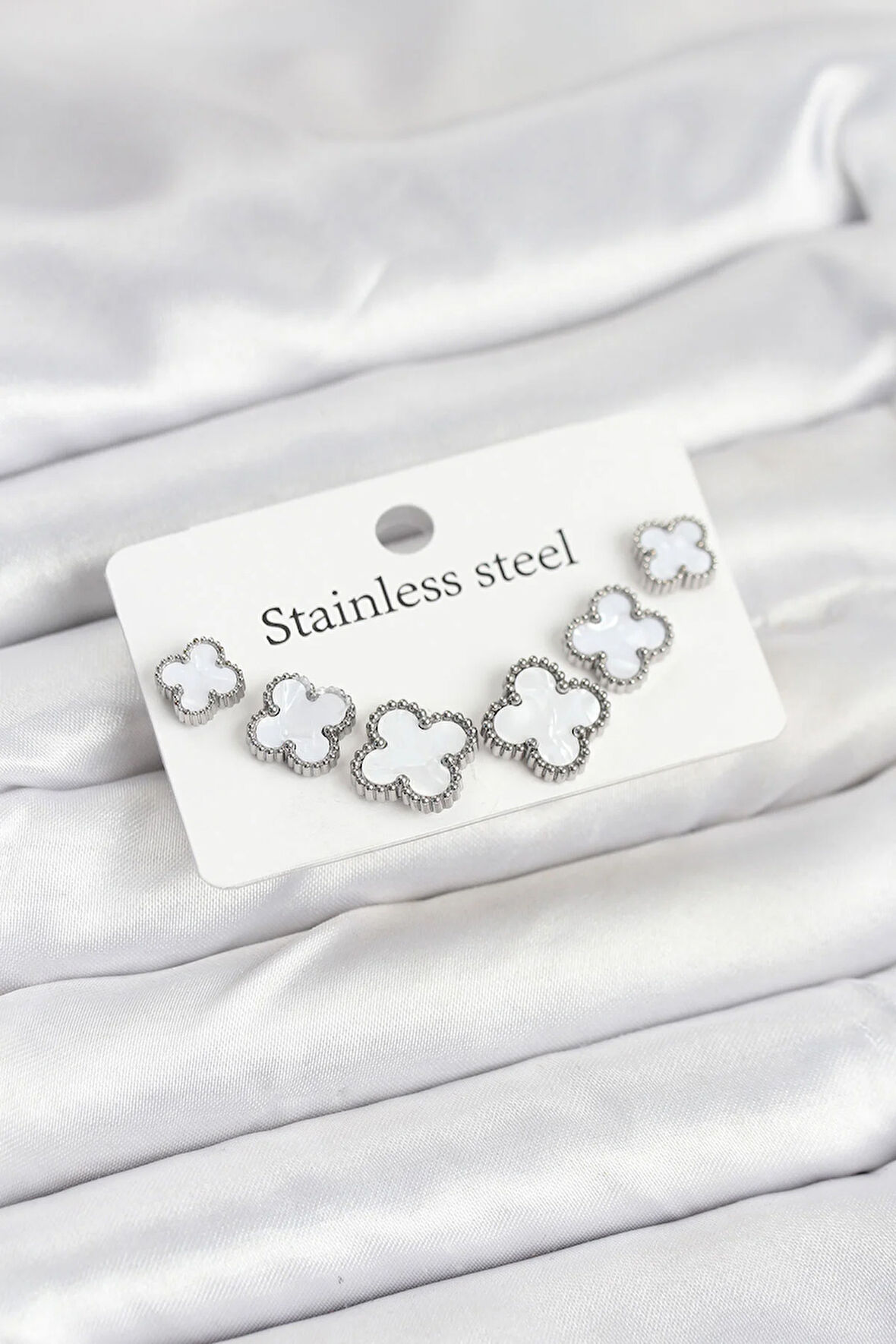 Tegan 316L Çelik Gümüş Beyaz Renk 3 Boy Yonca Küpe Seti TG27BKP11236