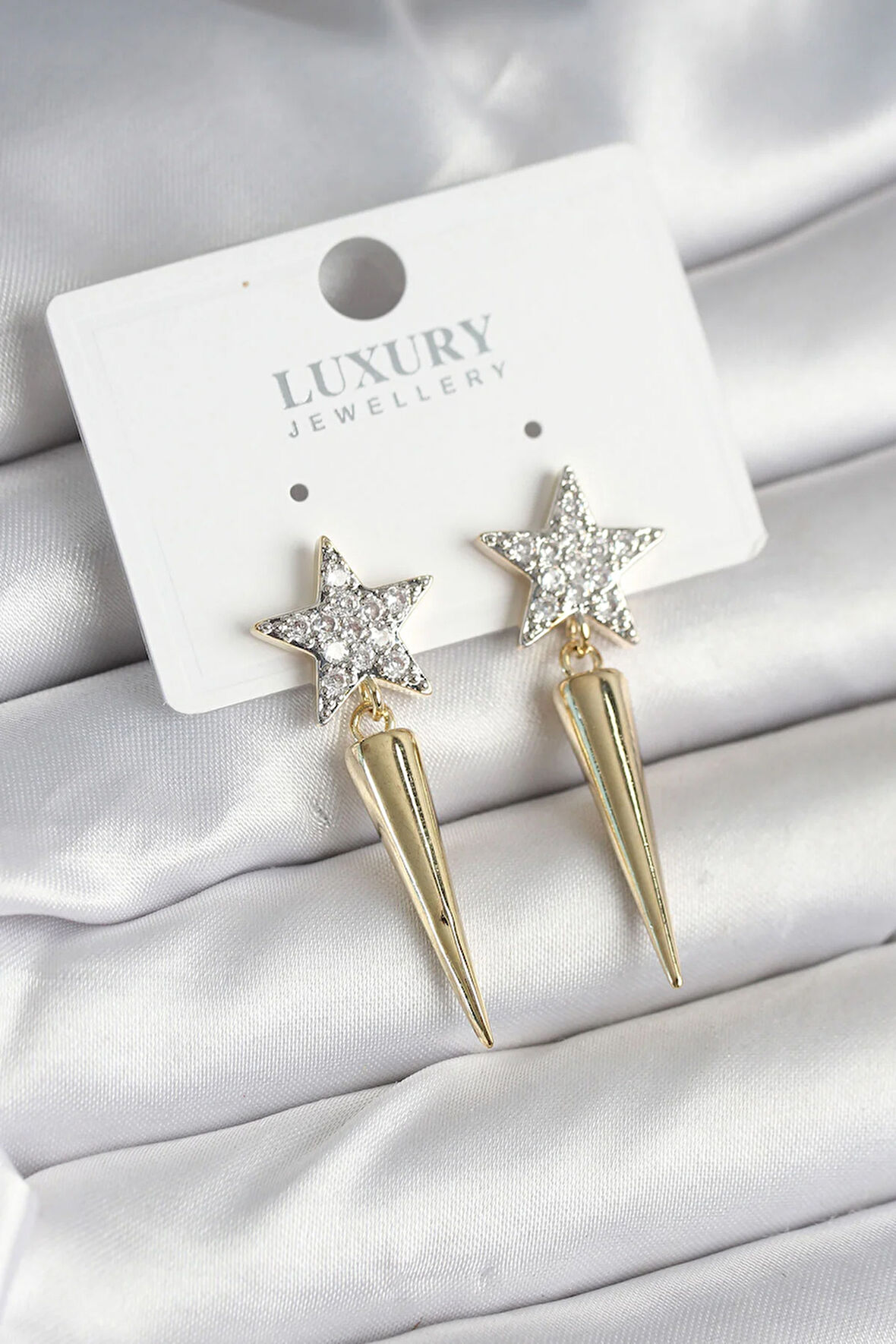 Tegan Pirinç Gold Renk Zirkon Taşlı Yıldız Model Çivi Kadın Küpe TG27BKP11240