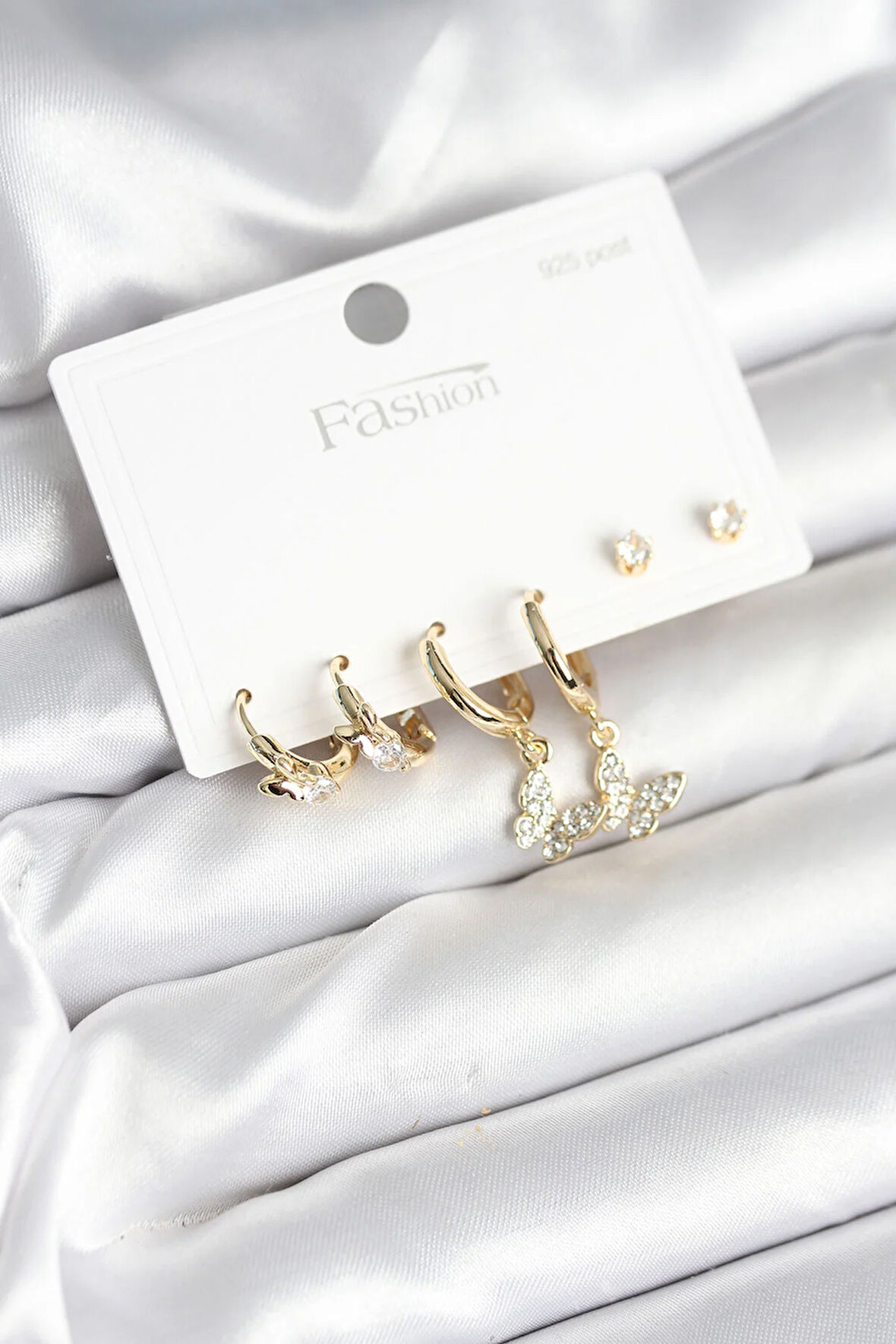 Tegan Gold Renk Pirinç Kelebek Model 925 Ayar Gümüş Çivili Kadın Küpe Seti TG27BKP11273