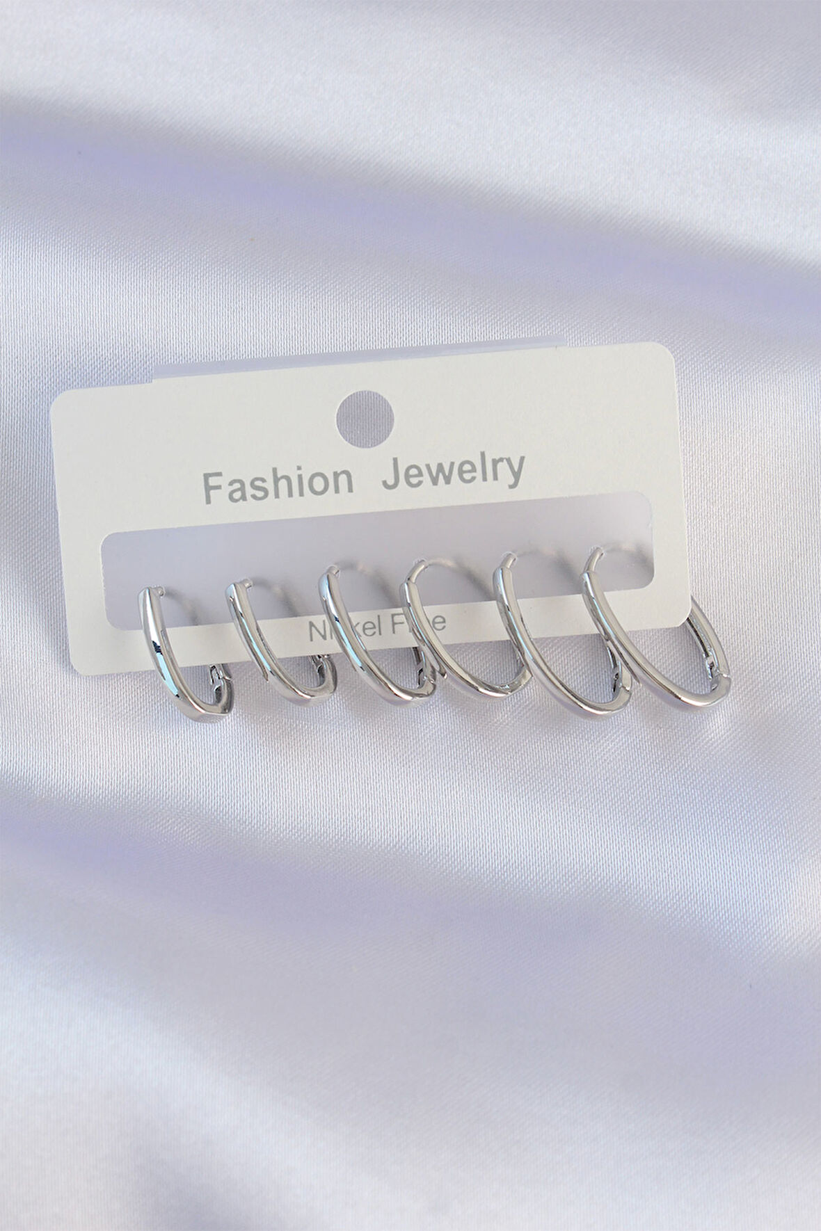 Tegan Pirinç Gümüş Renk İnce Oval Küpe Seti TG27BKP8989