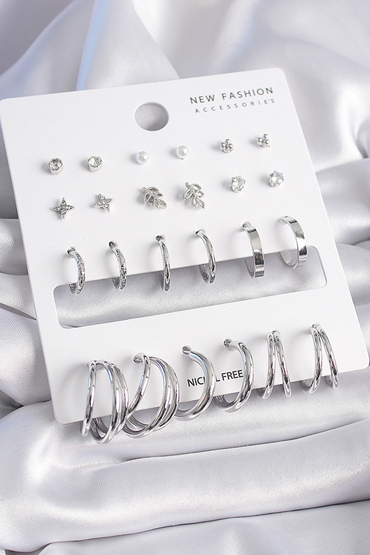 Tegan Pirinç Gümüş Renk Zirkon Taşlı 12 Çift Küpe Seti TG27BKP9681