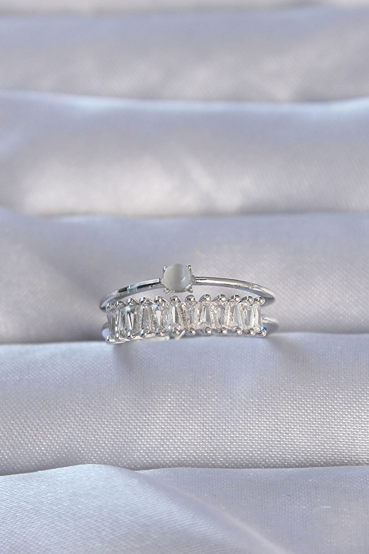 Tegan Pirinç Gümüş Renk Zirkon Taşlı Baget Su Yolu Model Ayarlanabilir Yüzük TG27BYK3228