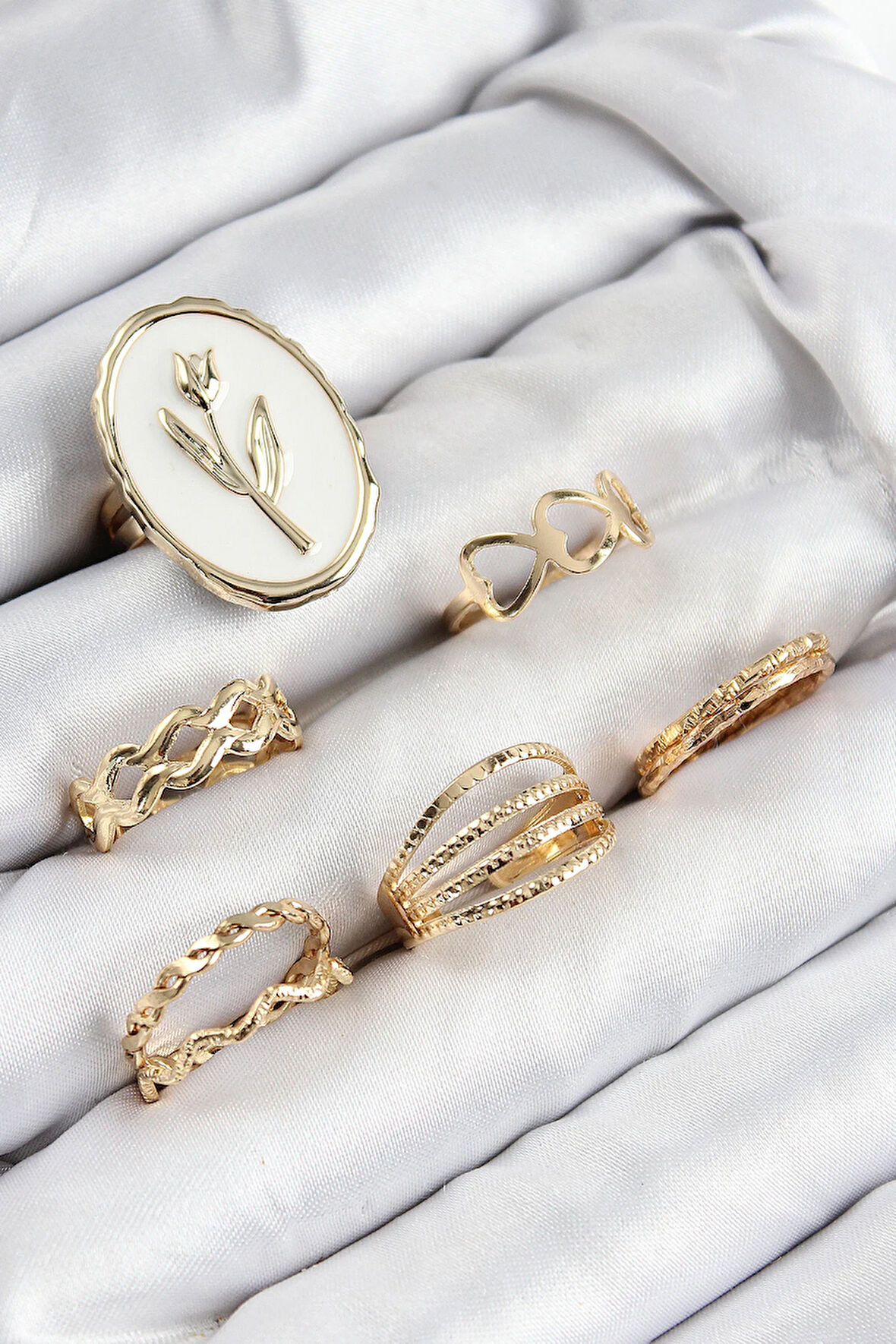 Tegan Pirinç Zirkon Taşlı Lale Model Gold Renk Kadın Yüzük Kombin Set TG27BYK3825