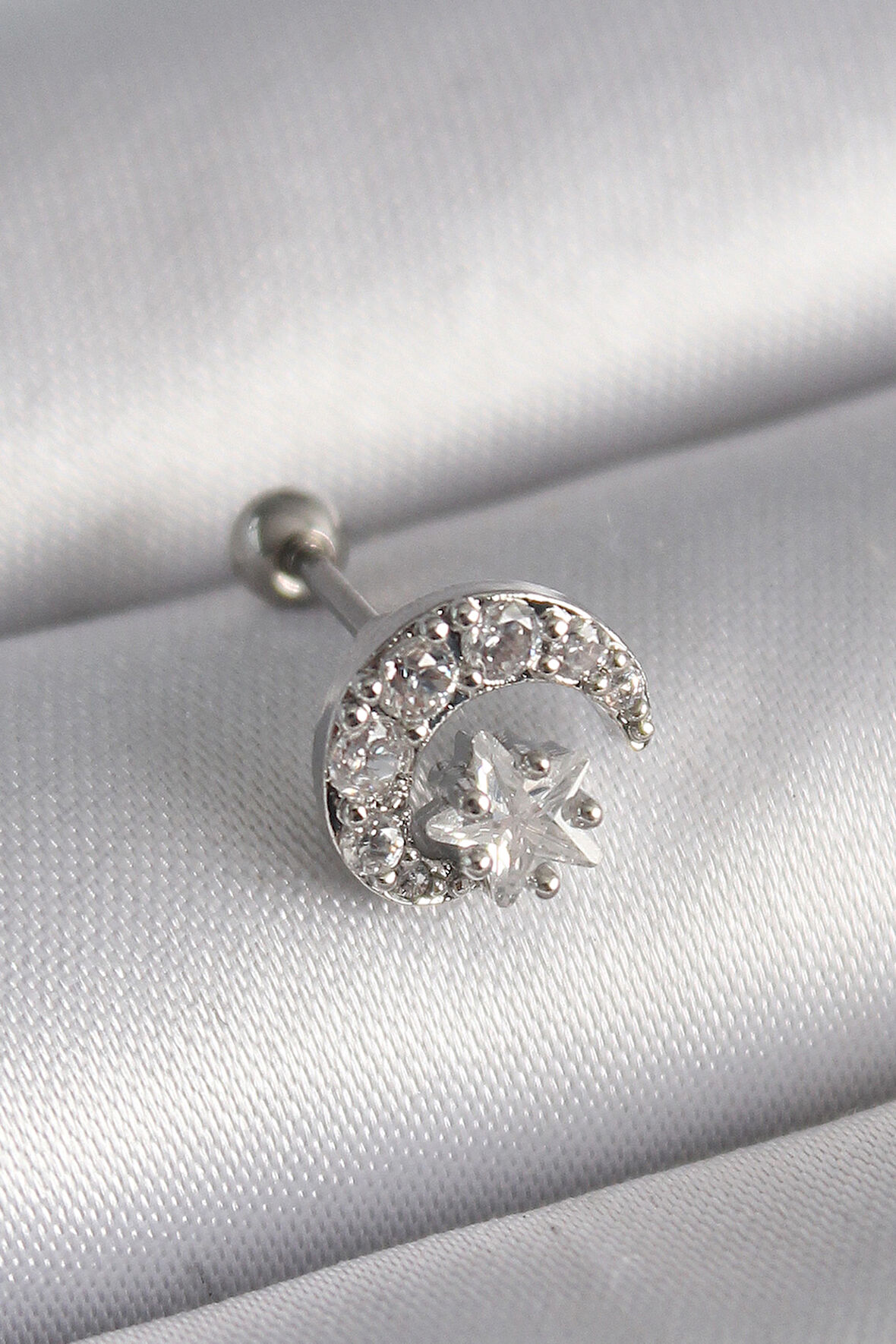 Tegan 316L Çelik Gümüş Renk Zirkon Taşlı Ay Yıldız Tragus Piercing TG27PR1257
