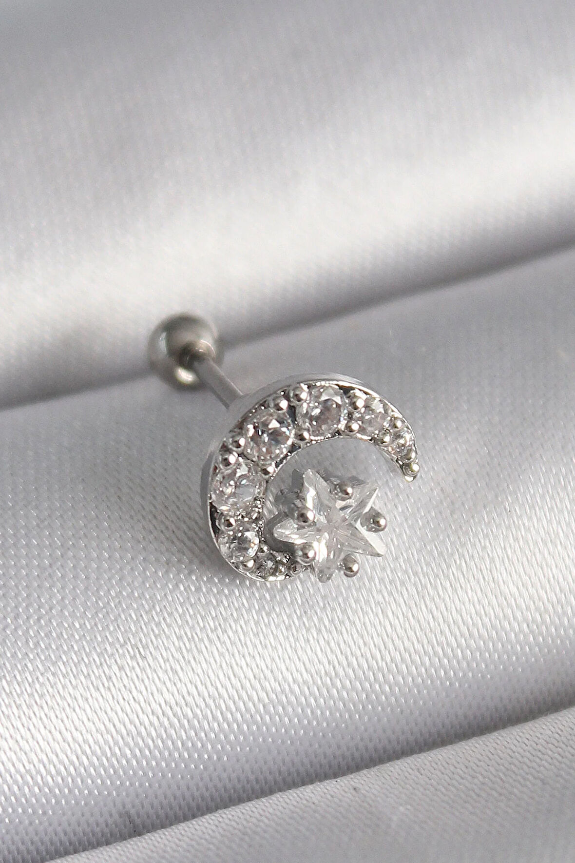 Tegan 316L Çelik Gümüş Renk Zirkon Taşlı Ay Yıldız Tragus Piercing TG27PR1257