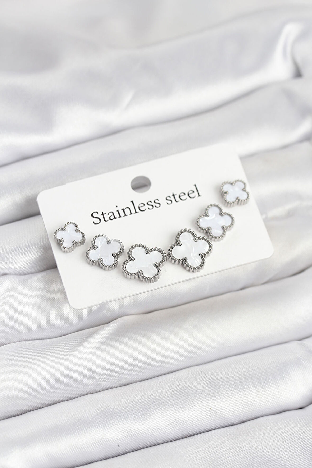 316L Çelik Gümüş Beyaz Renk 3 Boy Yonca Küpe Seti - TJ-BKP11236