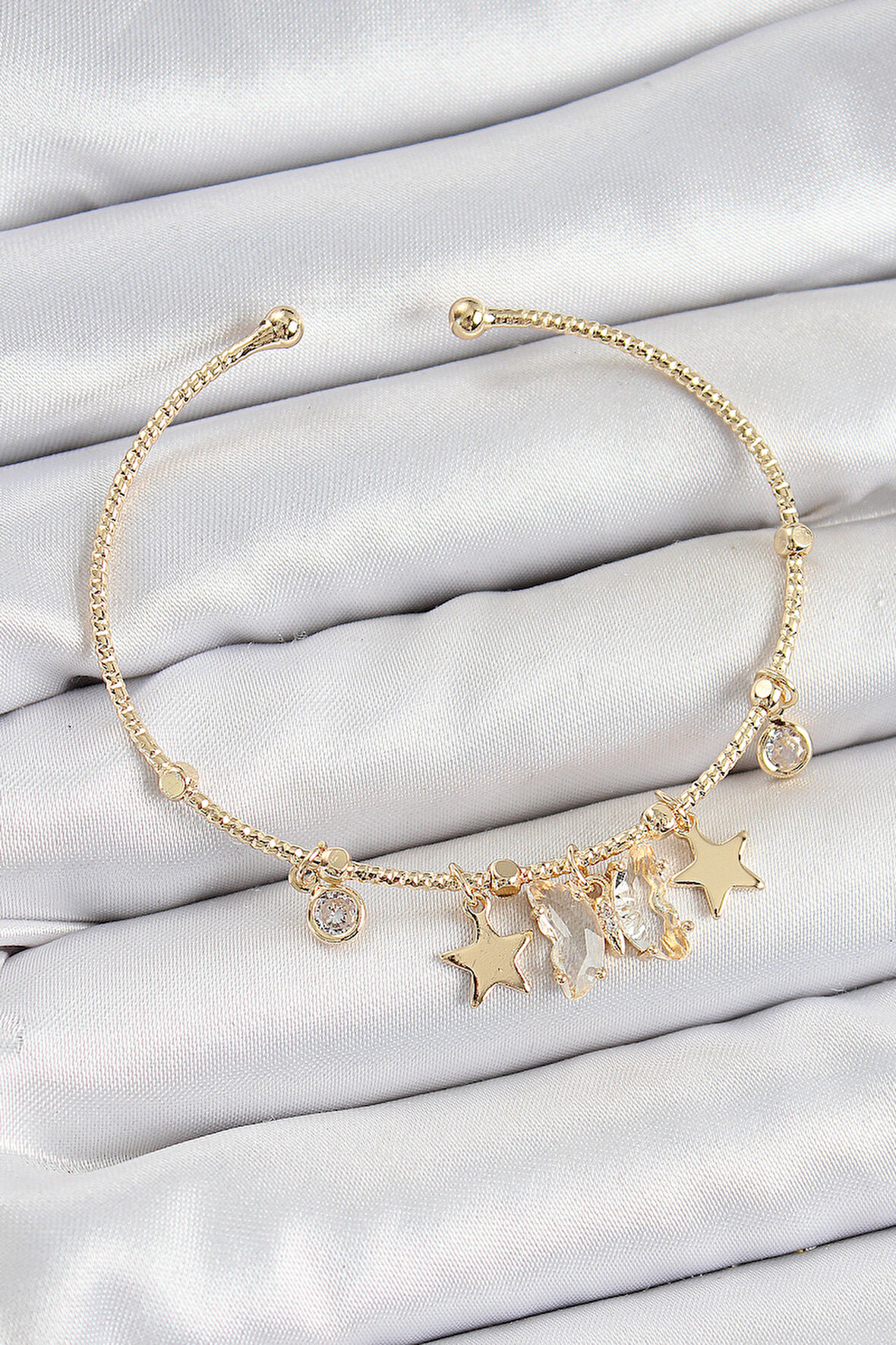 Pirinç Zirkon Taşlı Kelebek Ve Yıldız Model Gold Renk Charm Bileklik - TJ-BB7355
