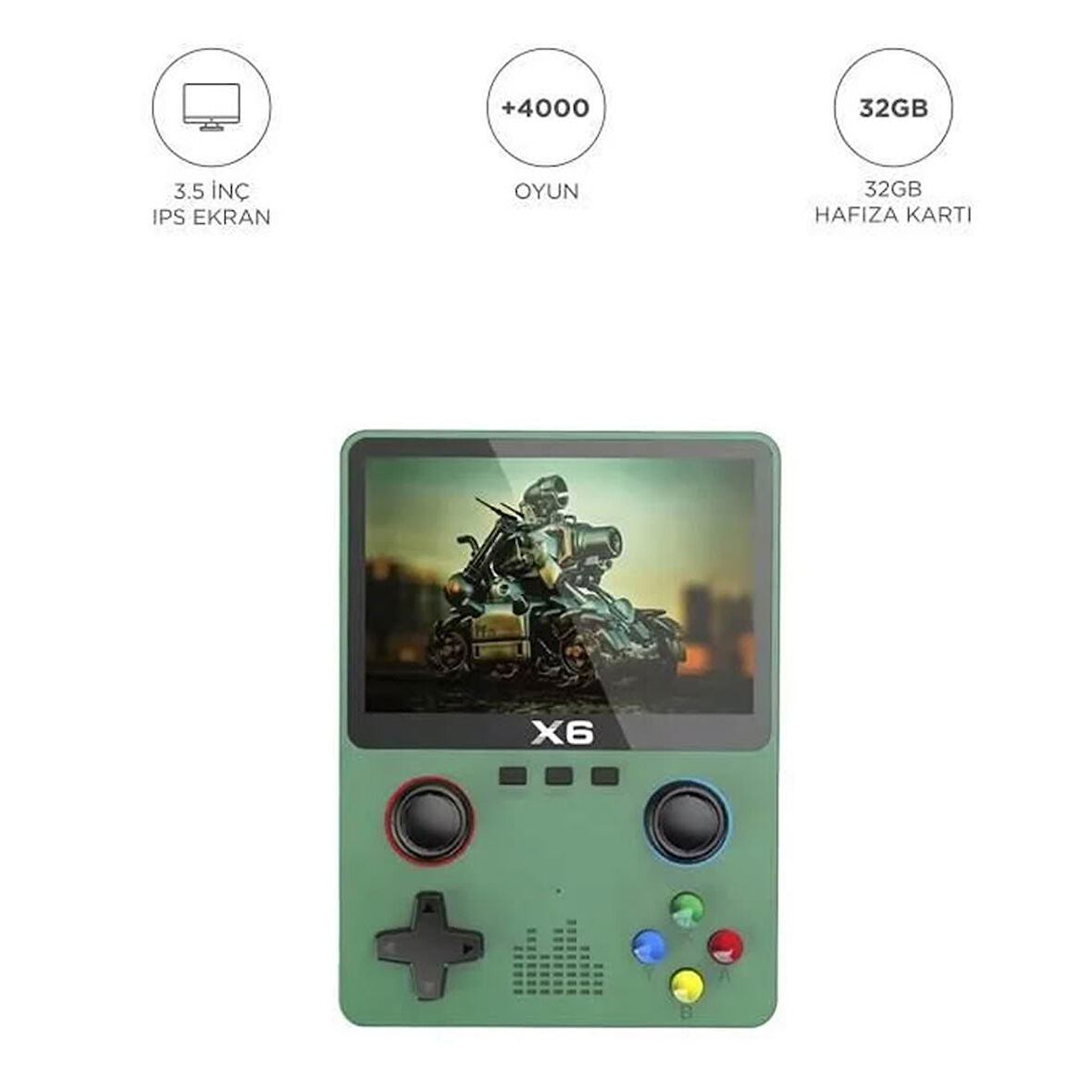 X6 Yeşil 4000+ Klasik Oyunlu 3.5 İnç IPS Ekran Kablosuz Atari Retro Oyun Konsolu
