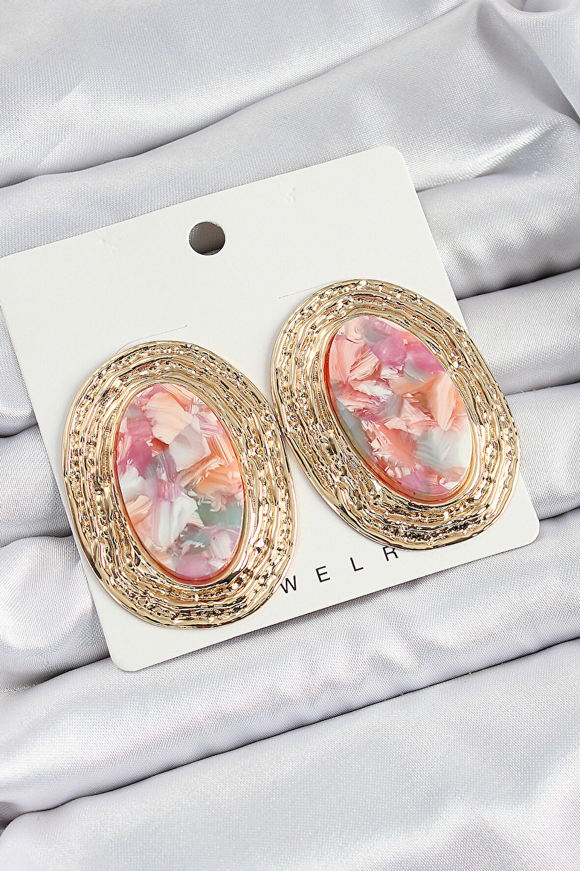 Pirinç Mermer Desenlli Pembe Sedef Oval Vintage Model Gold Renk Kadın Küpe - TJ-BKP10779