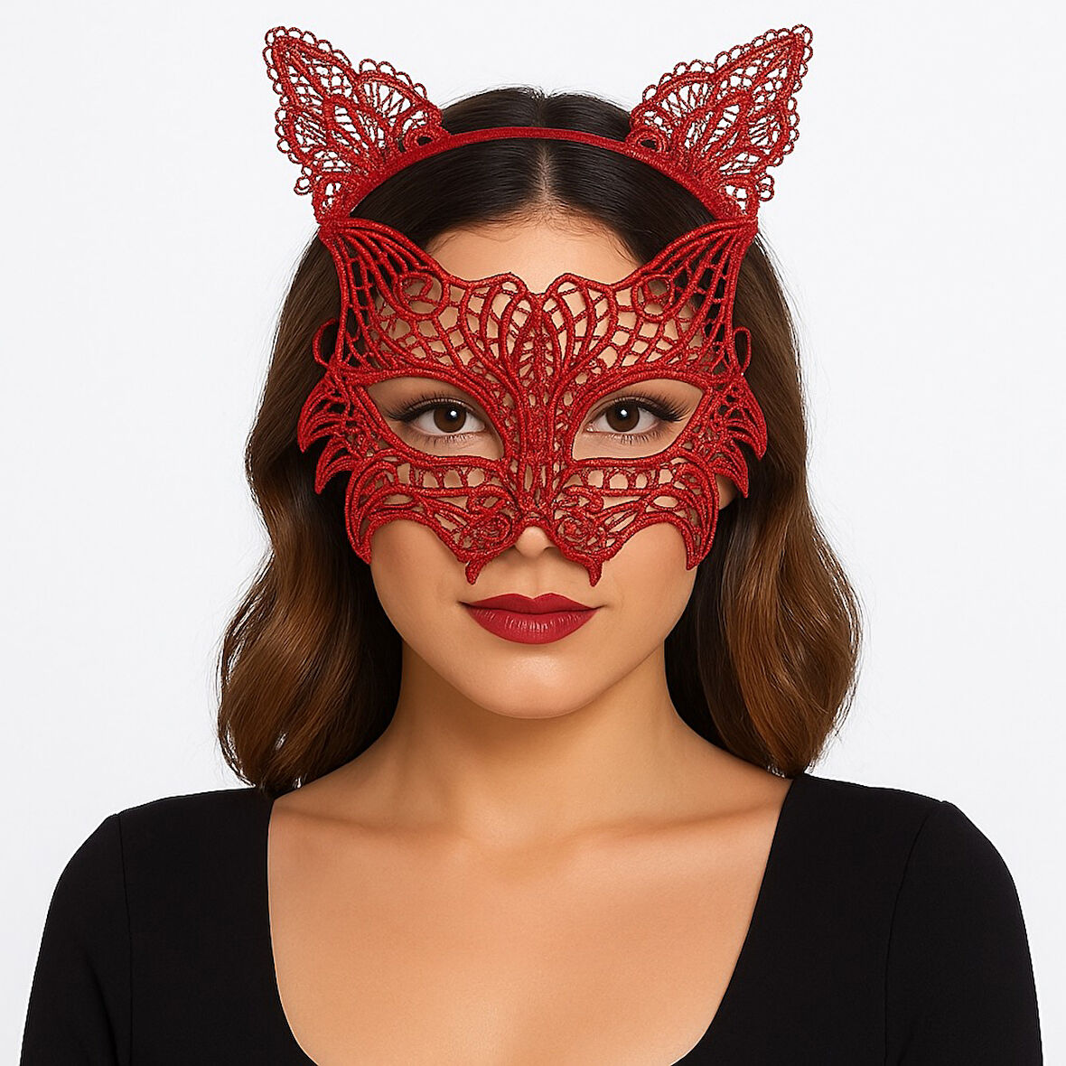 Kırmızı Dantel Kedi Maskesi ve Dantel Taç Seti – Kadın Kostüm Aksesuarı
