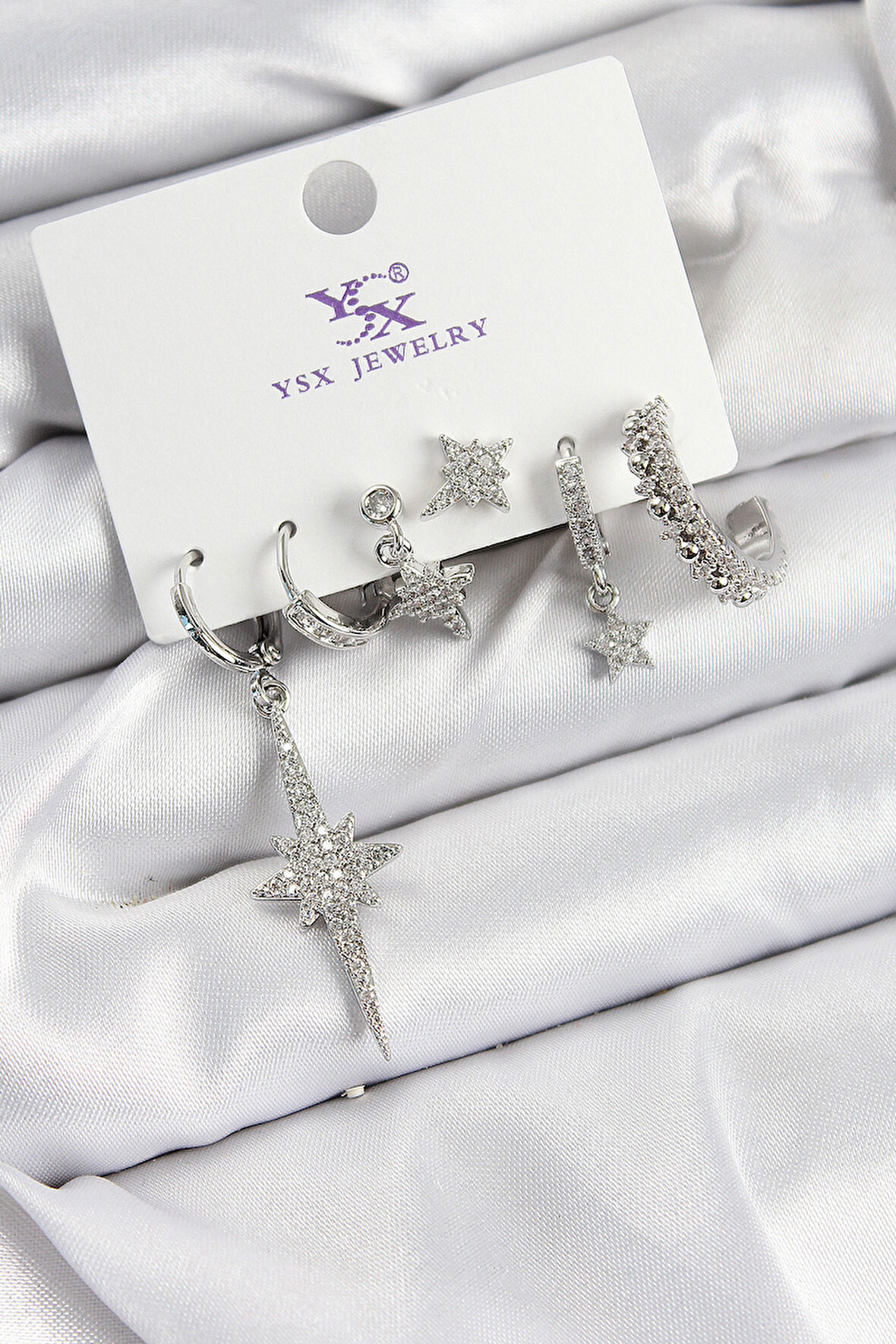 Pirinç Zİrkon Taşlı Kutup Yıldızı Model Gümüş Renk 3'lü Çift Kadın Küpe - TJ-BKP10950