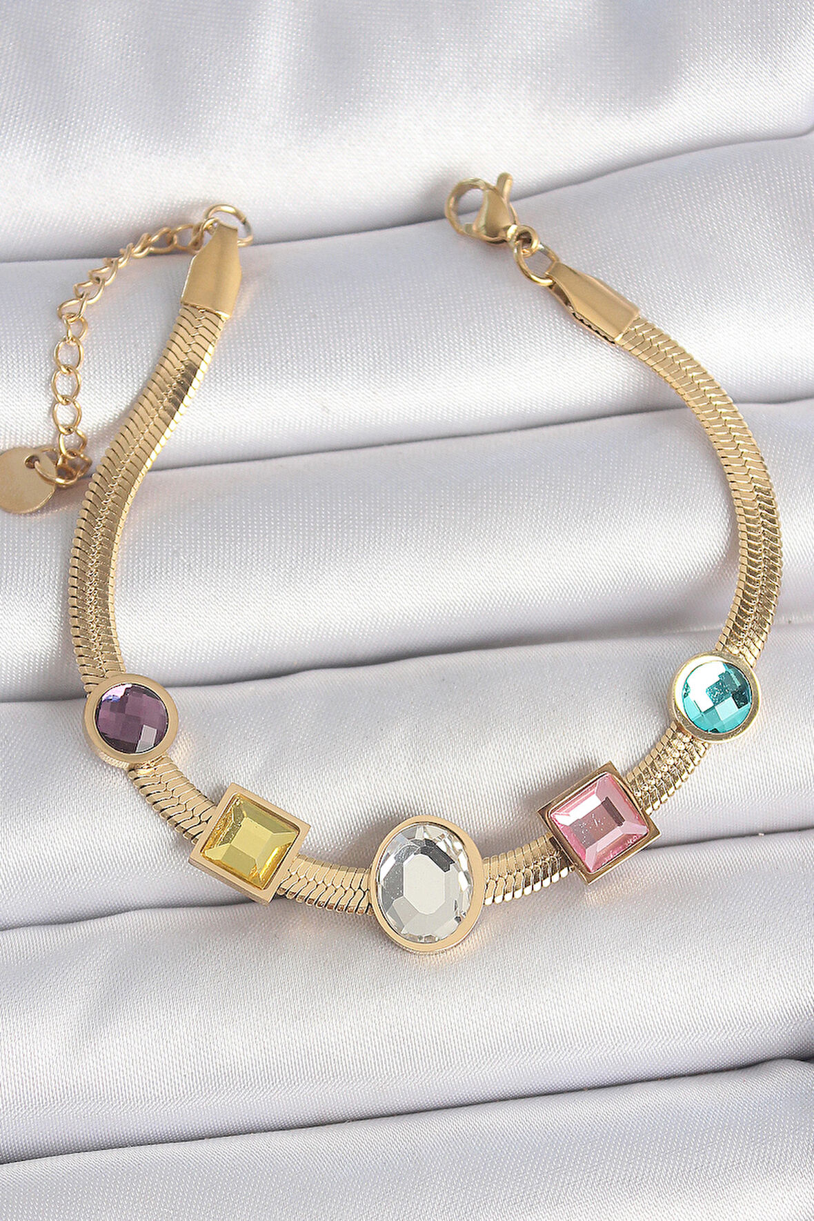 316L Çelik Gold Renk İtalyan Zincir Renkli Zirkon Taşlı Kadın Bileklik - TJ-BB6956