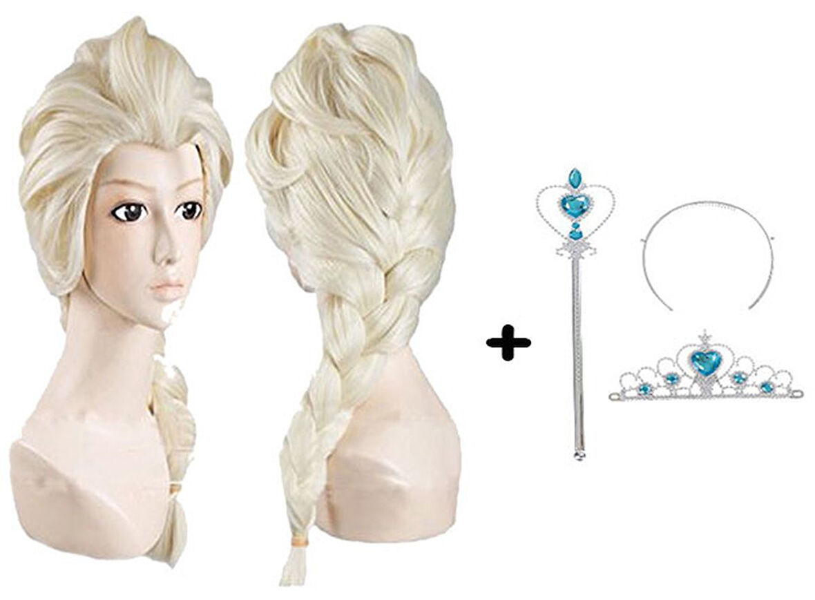 Örgülü Karlar Ülkesi Frozen Elsa Peruğu Tacı ve Sopası Çocuk Boy