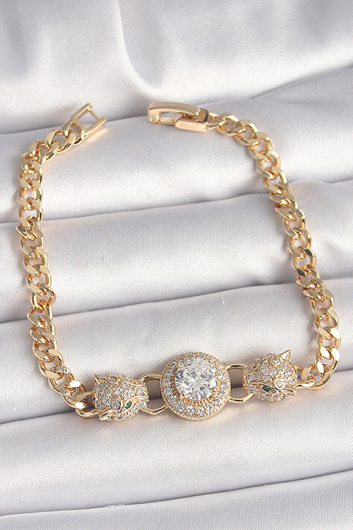 Pirinç Gold Renk Zirkon Taşlı Leopar Figür Zincir Model Kadın Bileklik - TJ-BB6828