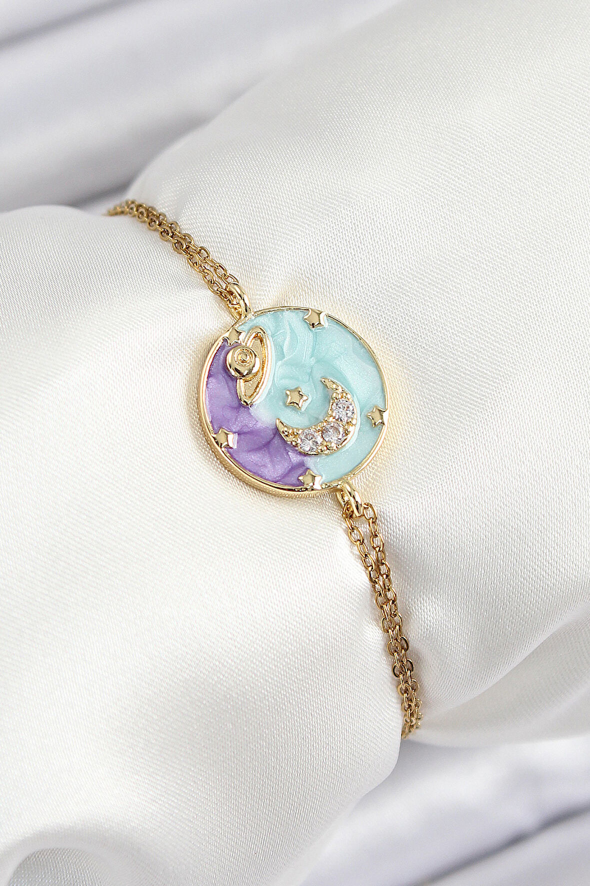 316L Çelik Zincir Mineli Sanatsal Portre Zirkon Taşlı Gezegen Model Gold Renk Kadın Bileklik - TJ-BB7233