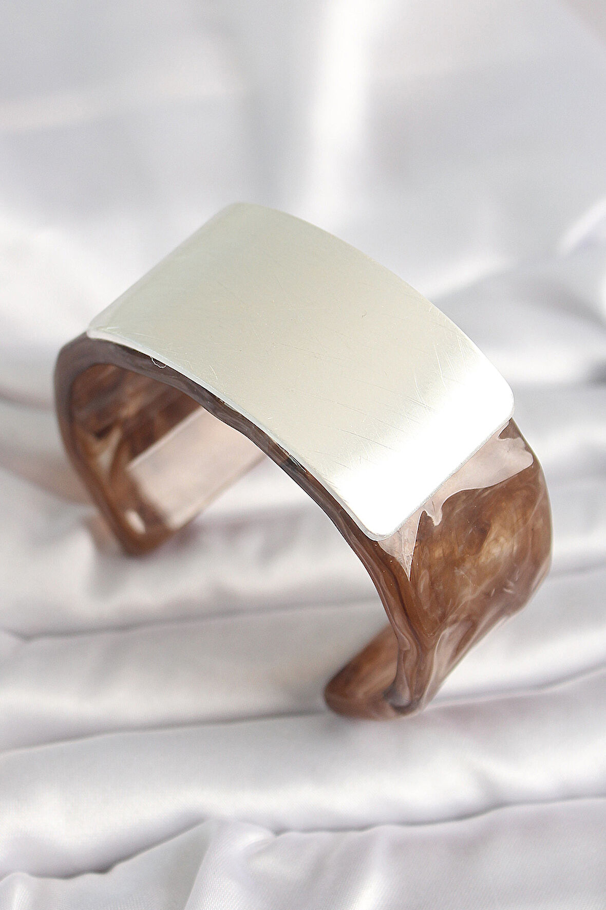 Kahverengi Mermer Desen Akrilik Plastik Gümüş Dikdörtgen Plaka Vintage Kadın Bilezik - TJ-BB6676