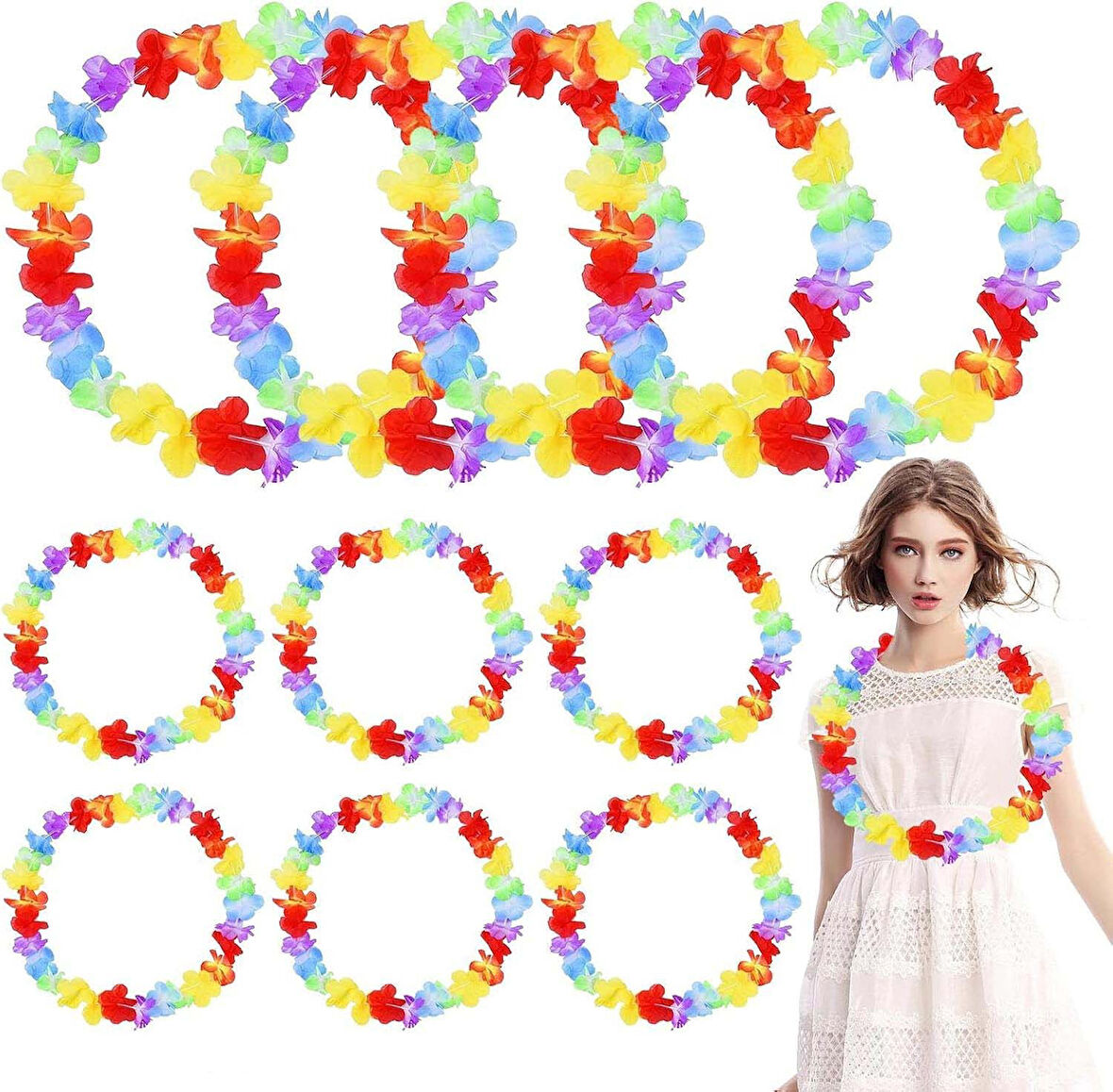 Hawaii Çiçekli Boyun Kolyesi - Renkli Tropikal Parti Leisi 12 Adet