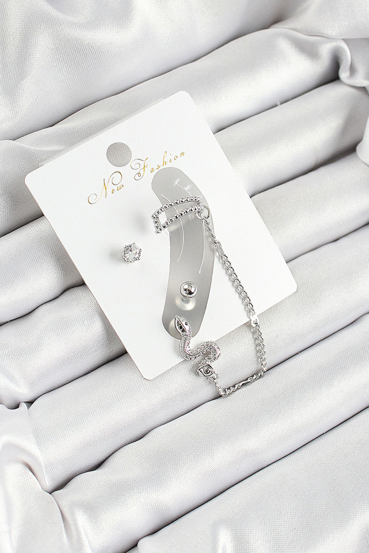 Pirinç Yılan Figürlü Zirkon Taşlı Gümüş Renk 3'lü Kıkırdak Kadın Küpe Set - TJ-BKP10660