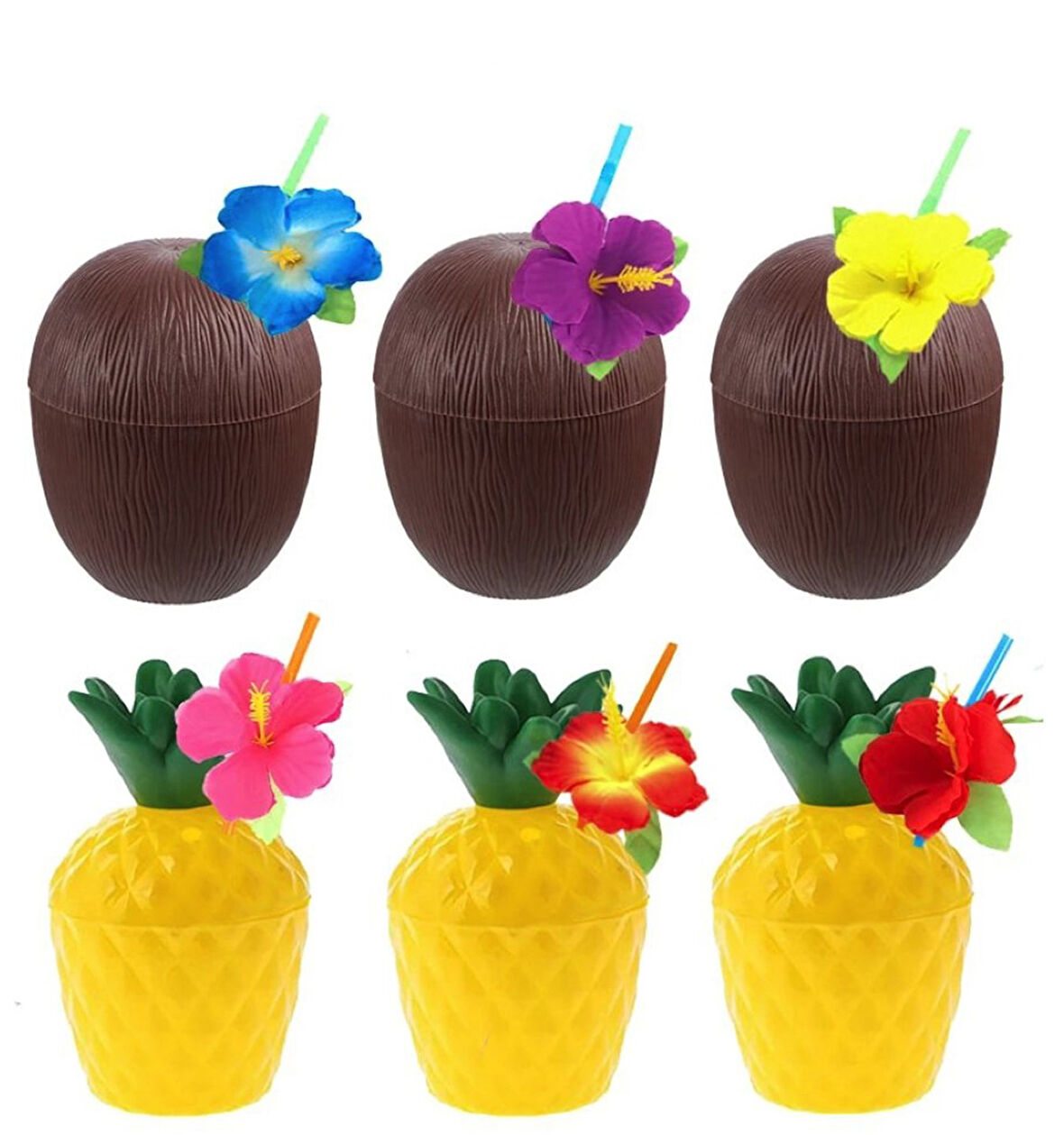 Ananas & Hindistan Cevizi Tasarımlı Pipetli Bardak Seti (6 Adet)