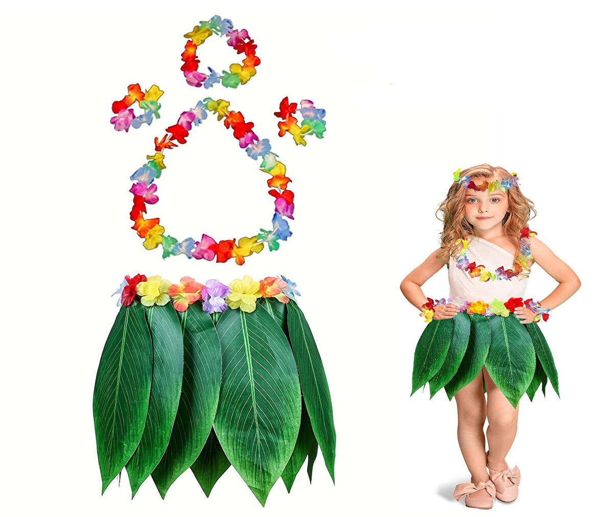 Çocuk Hawaii Kostüm Seti - Yaprak Etek & Hawaii Set - 5 Parça