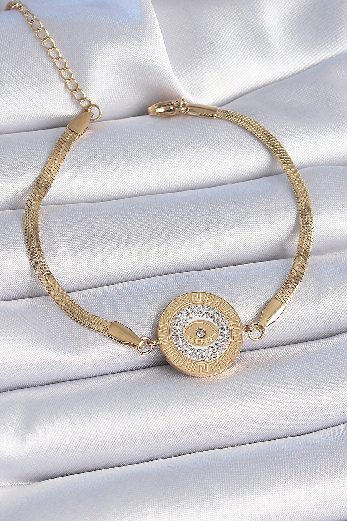 316L Çelik Gold Renk İtalyan Zincir Zirkon Taşlı Göz İşlemeli Madalyon Model Kadın Bileklik - TJ-BB6445