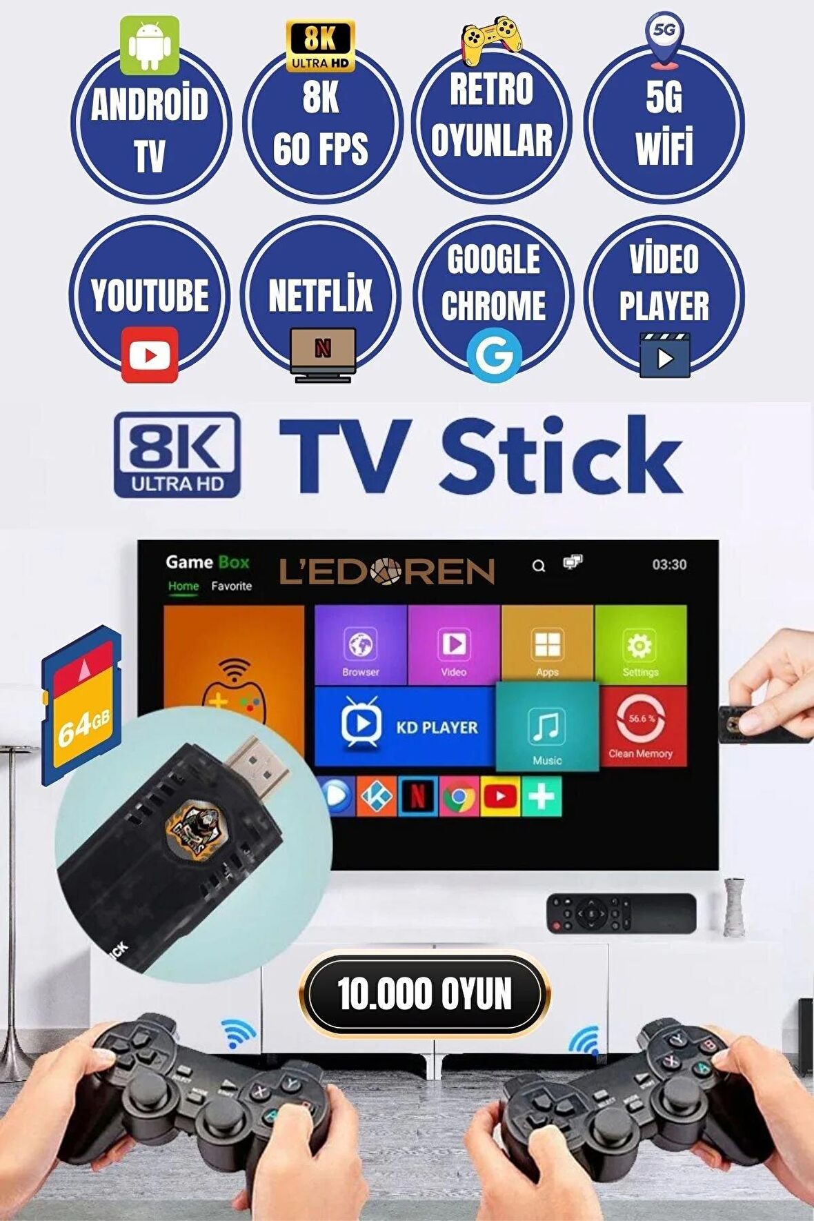 8k Android TV Wifi Kablosuz Çift Kol Retro Oyunlar Game Stick 64gb Hafıza 10000 Oyun Atari