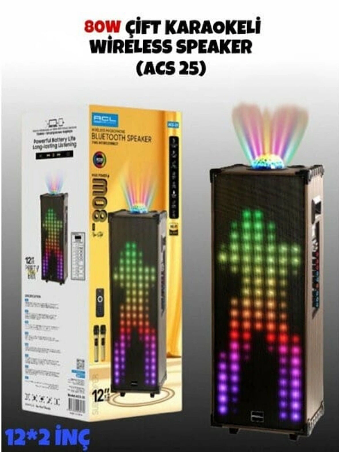 Acs-25 80W Animasyonlu Rgb LED Işıklı Ultra Bass Profesyonel Ses Sistemi