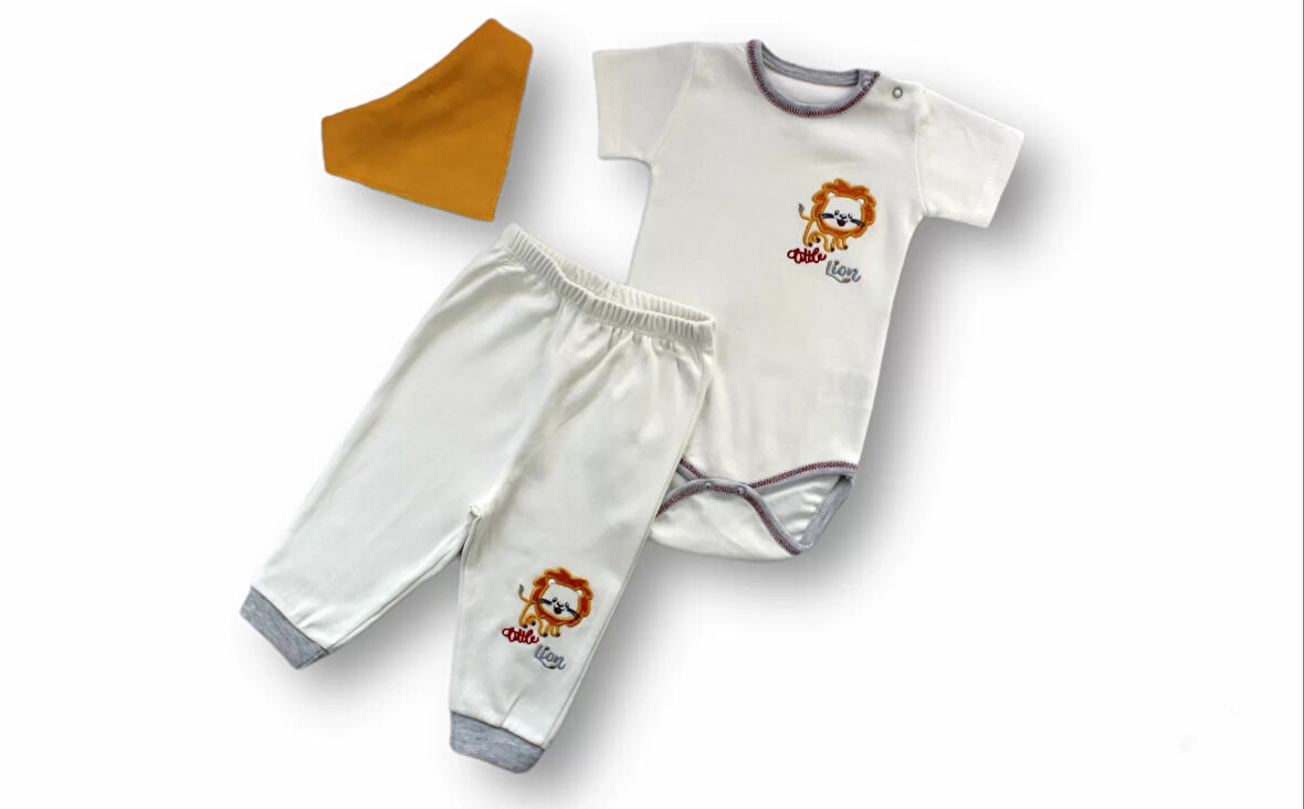 3-6 6-9 9-12 Ay Yavru Aslan Nakışlı Bandajlı Kısa Kollu Zıbınlı 3lü Erkek Bebek Takımı Ekru