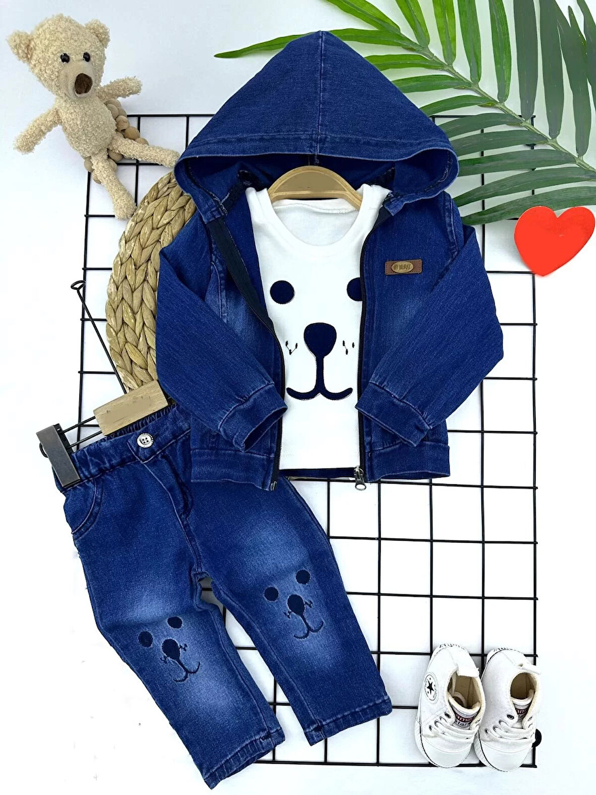 9-12-18-24 Ay Kot Kumaş Kapşonlu Uzun Kol Sweatli Kot Kumaş 3lü Erkek Bebek Takımı Mavi